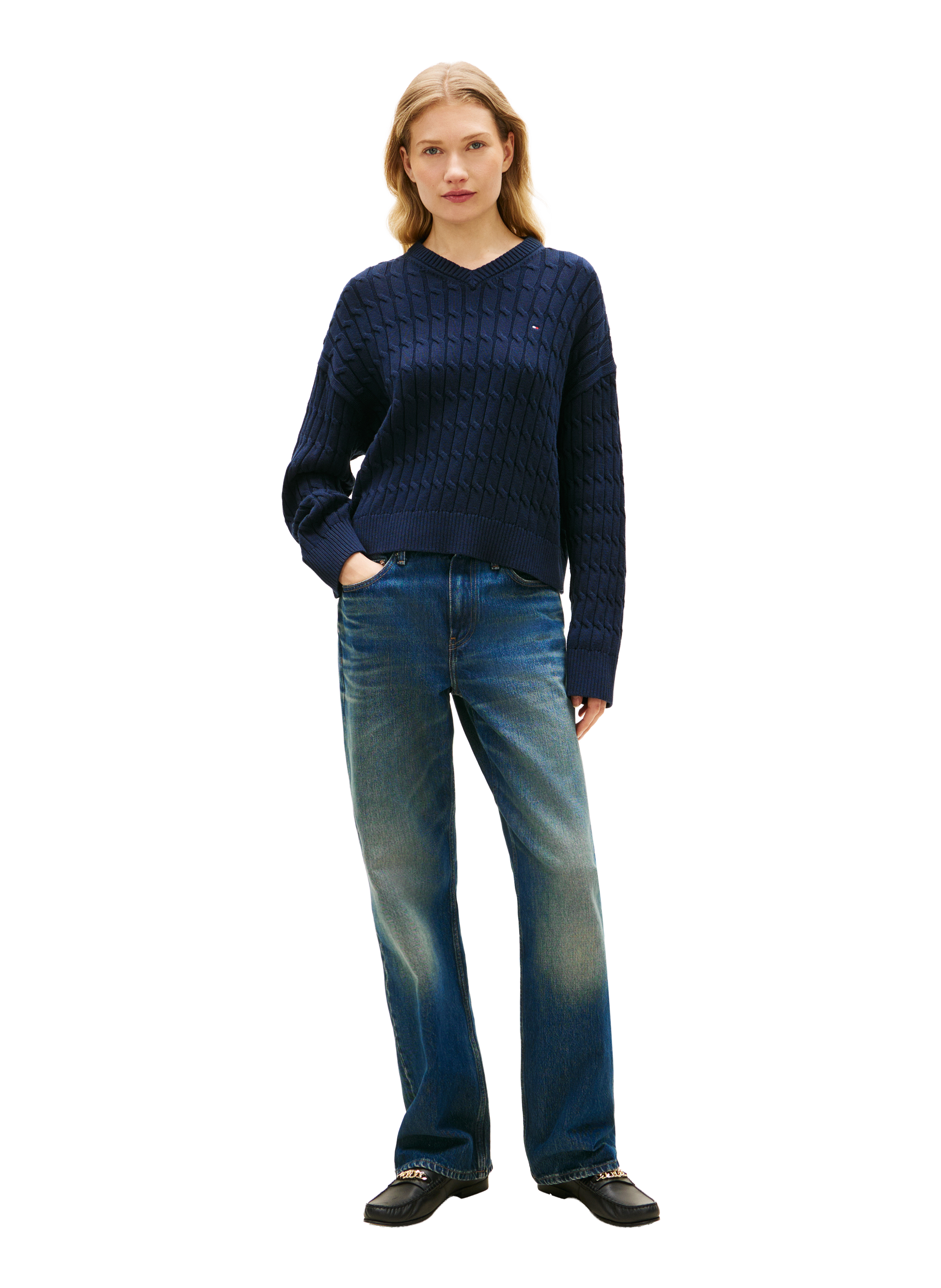 Pull à col V torsadé en coton TOMMY HILFIGER Bleu