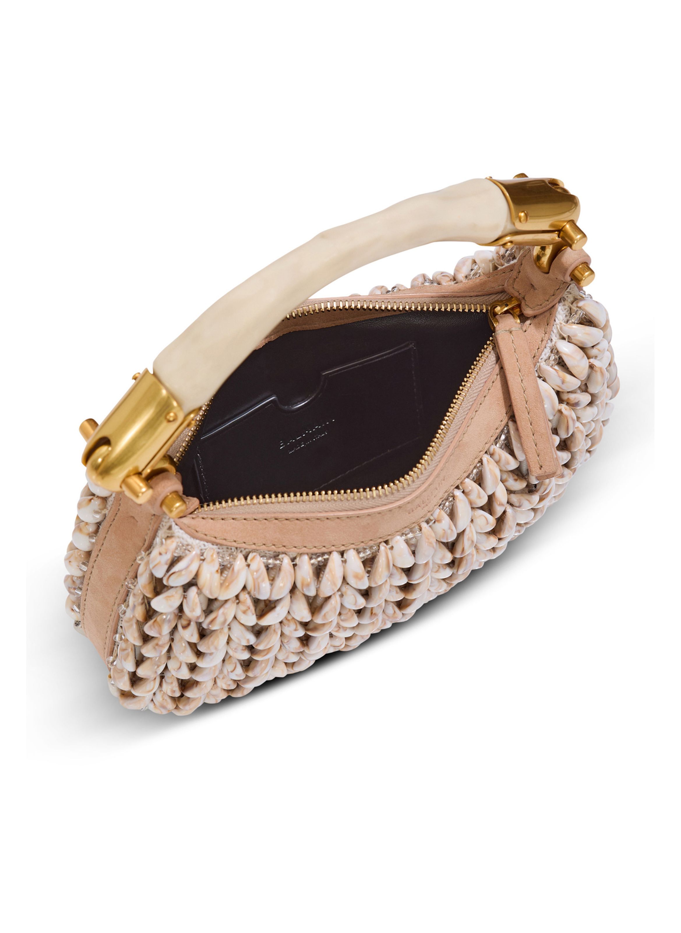 Sac ebene mini en cuir suédé et coquillages BALMAIN Beige