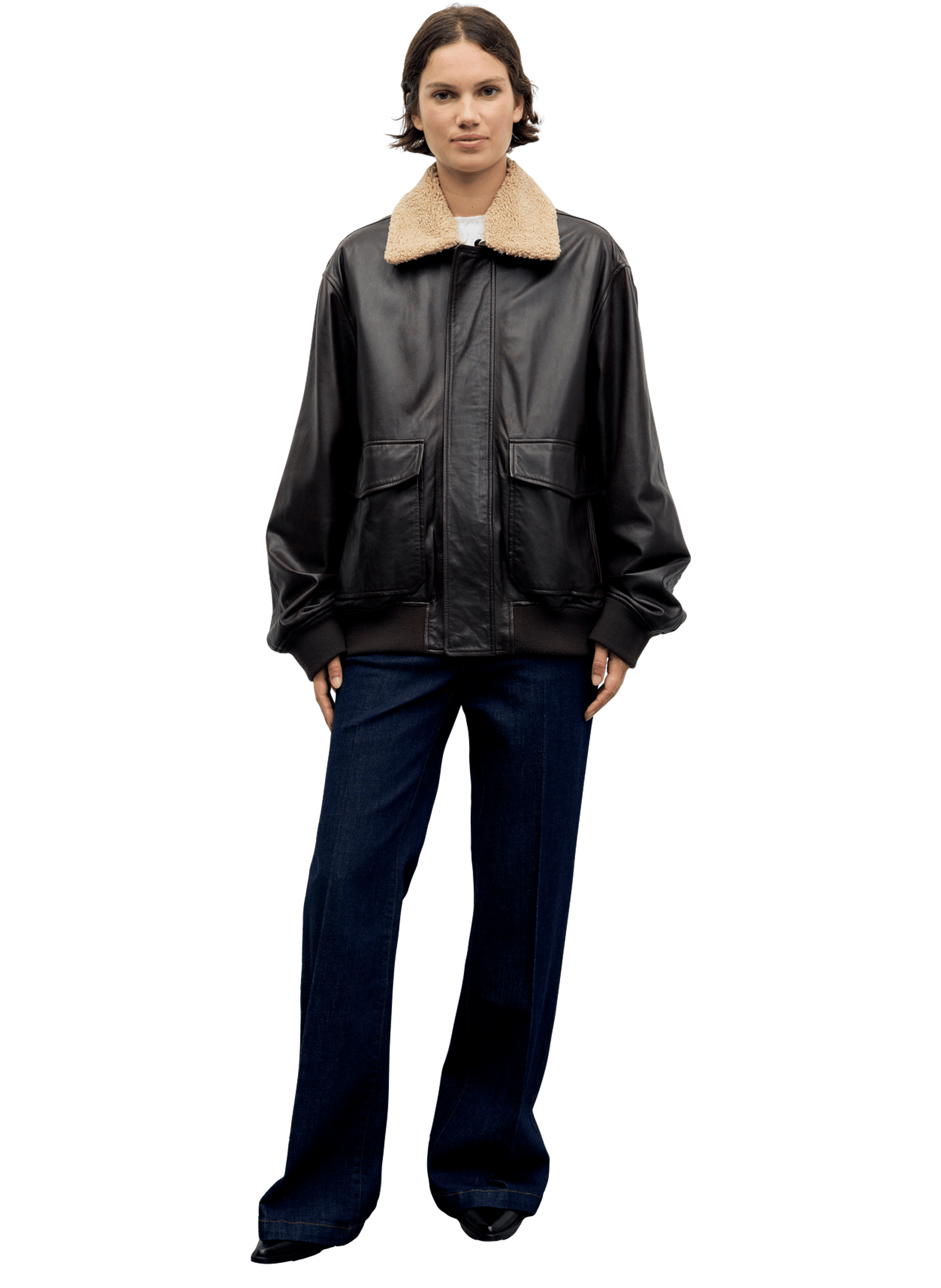 Blouson aviateur en cuir et col en fourrure - pippa GERARD DAREL Marron