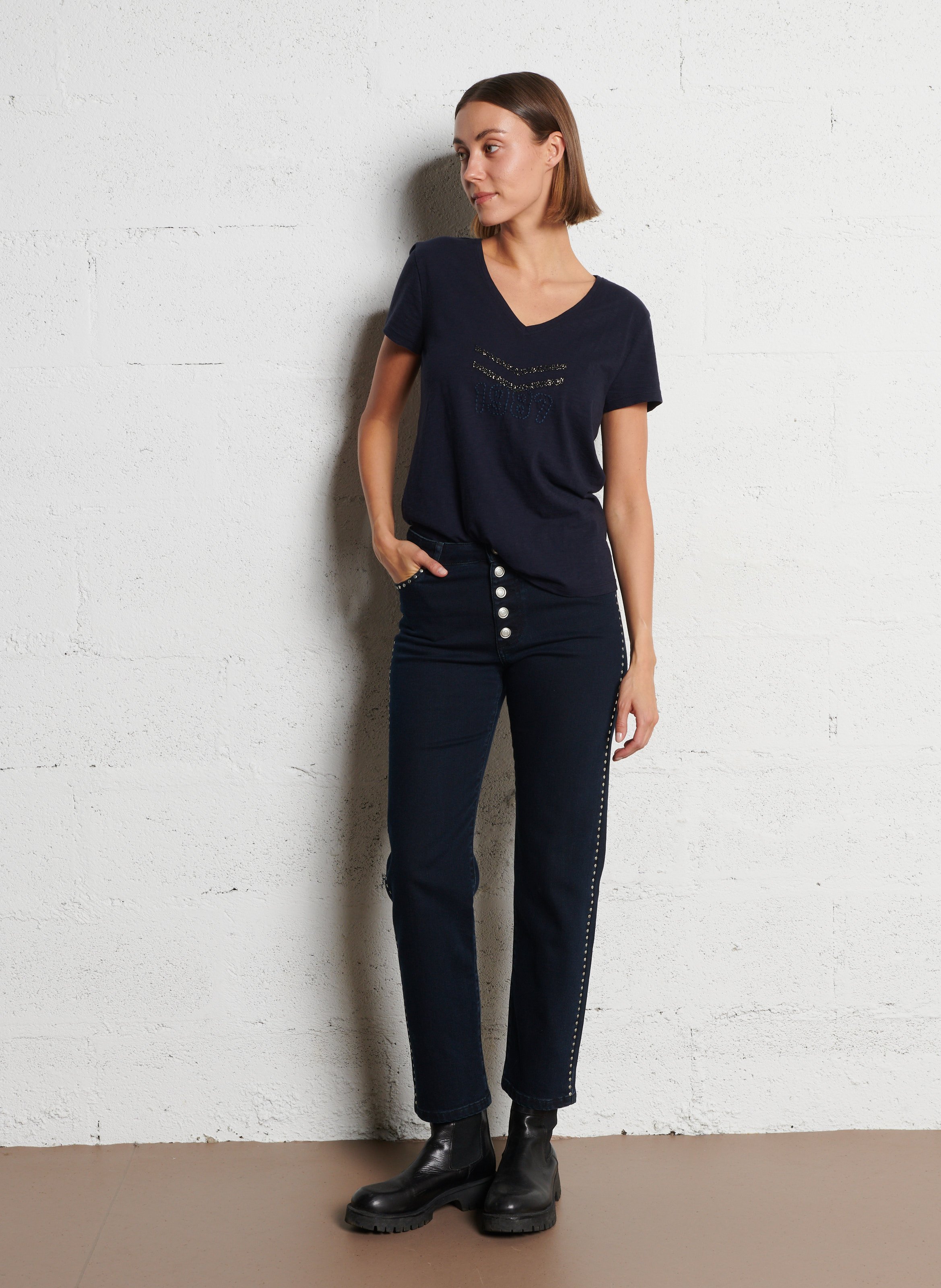 Jean droit uni à détails studs janis IKKS Bleu