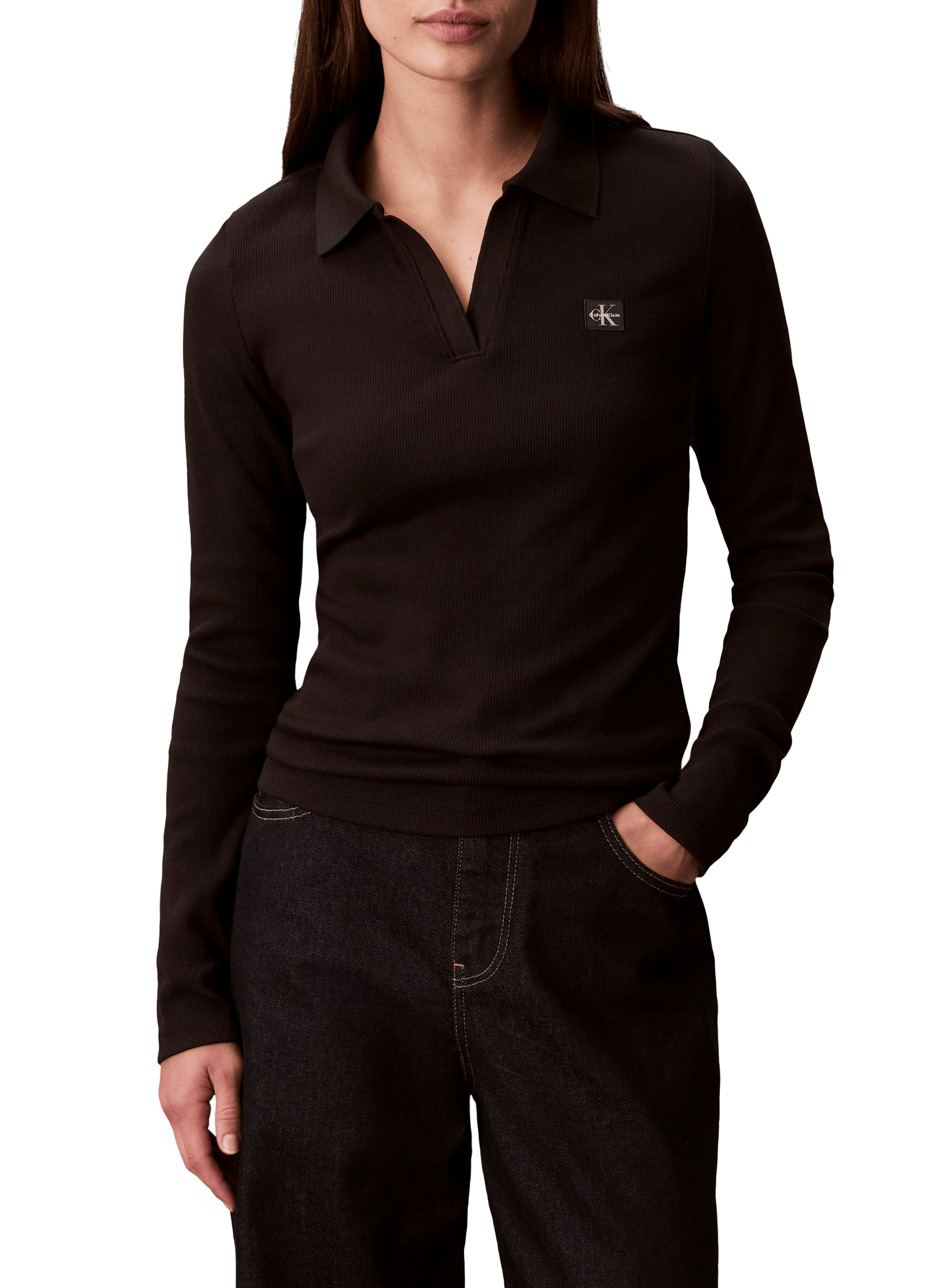 Ribbed polo-neck top in blended cotton CALVIN KLEIN Black