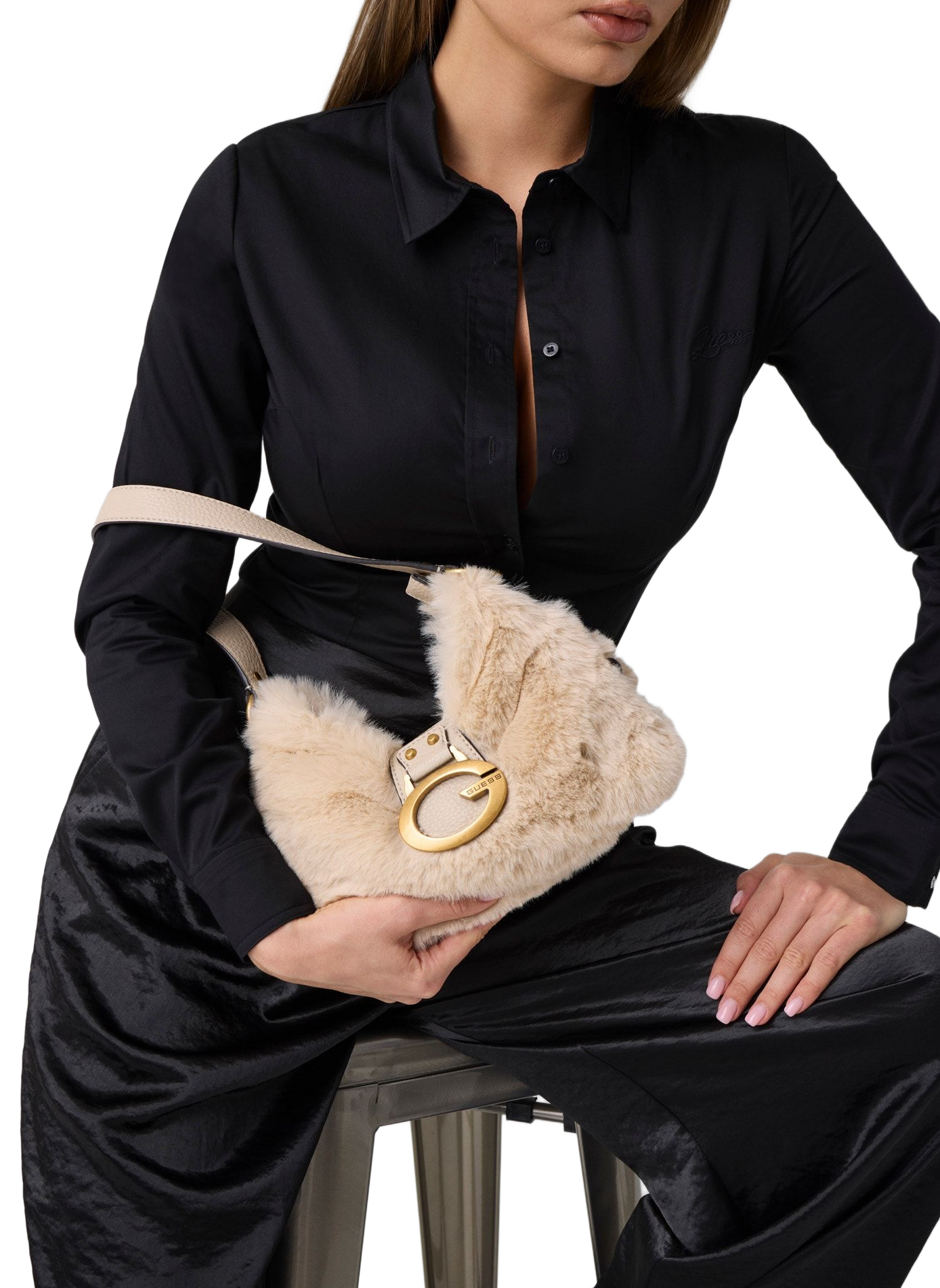 Mini Camden shoulder bag in faux fur effect GUESS Beige