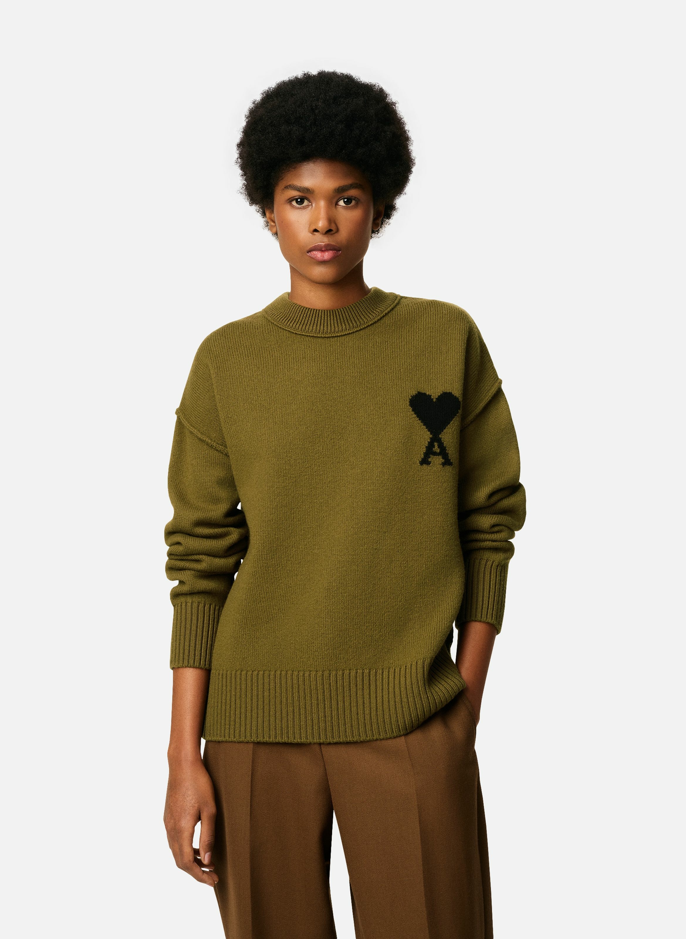 Pull col rond ami de coeur en laine unisexe AMI PARIS Vert