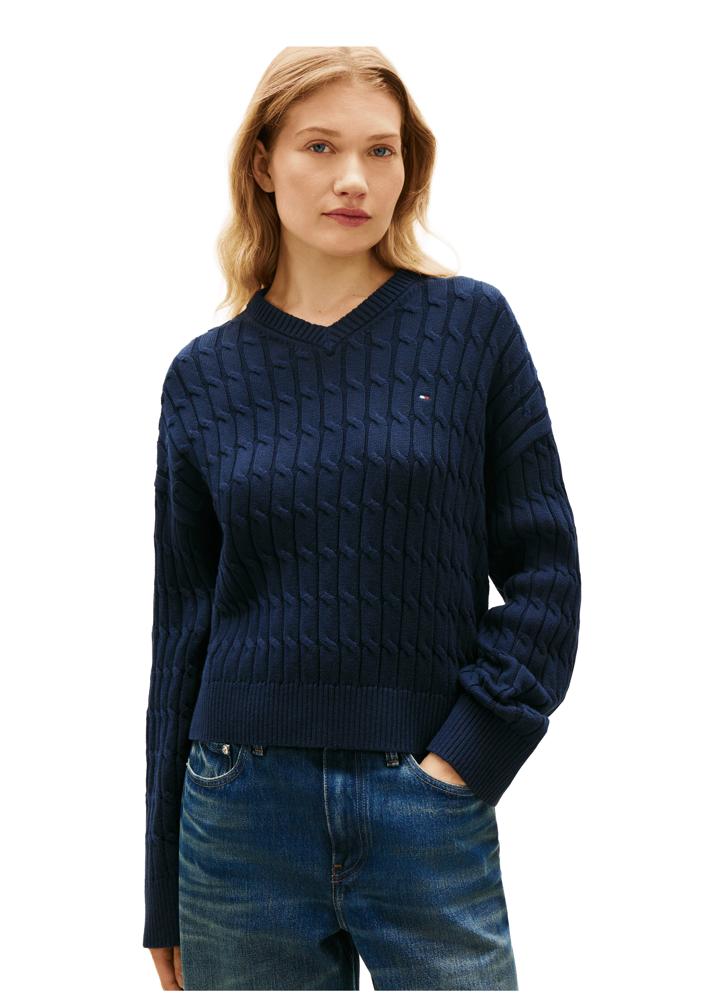 Pull à col V torsadé en coton TOMMY HILFIGER Bleu