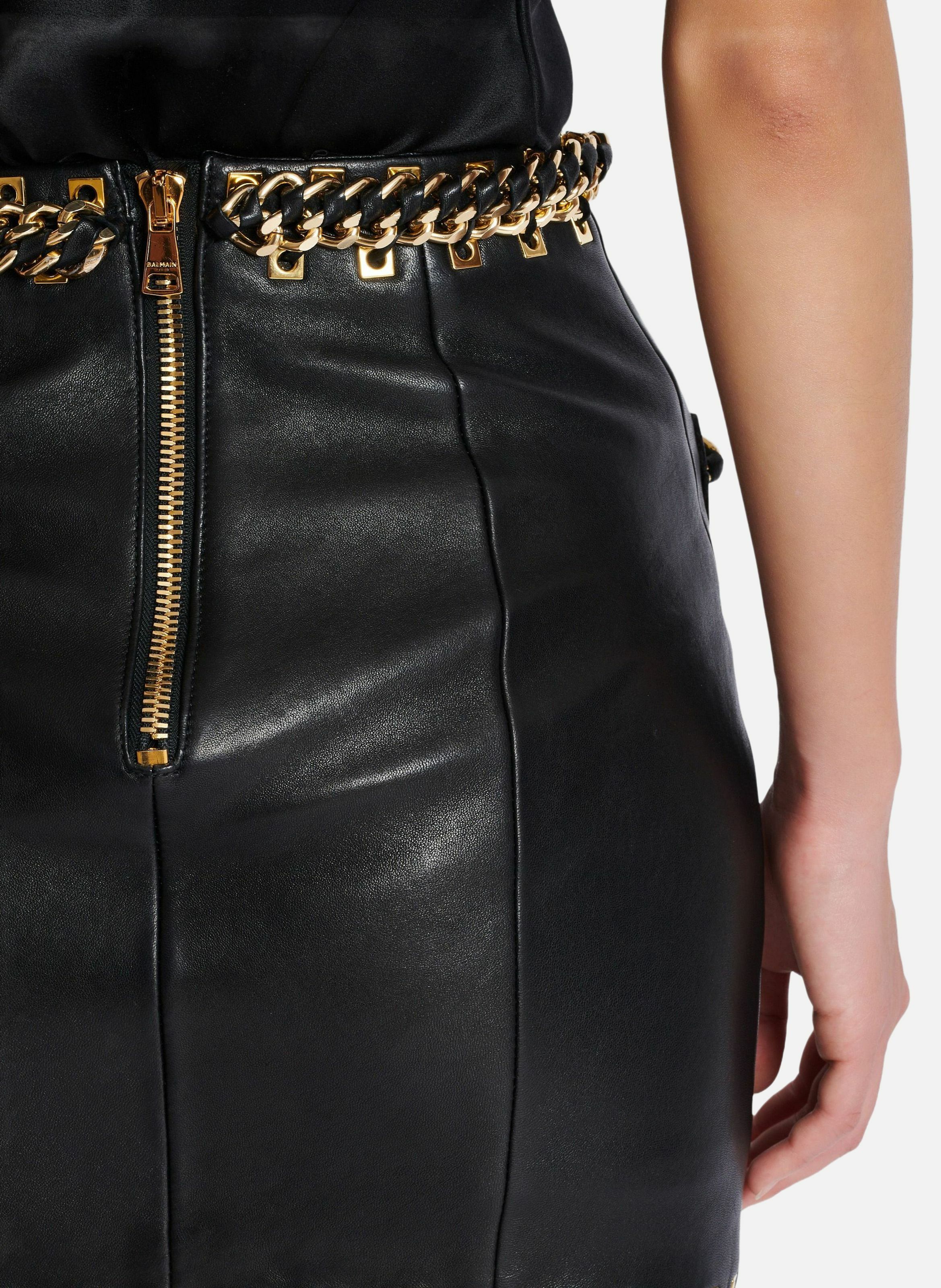 Jupe courte en cuir d'agneau avec chaînes BALMAIN Noir