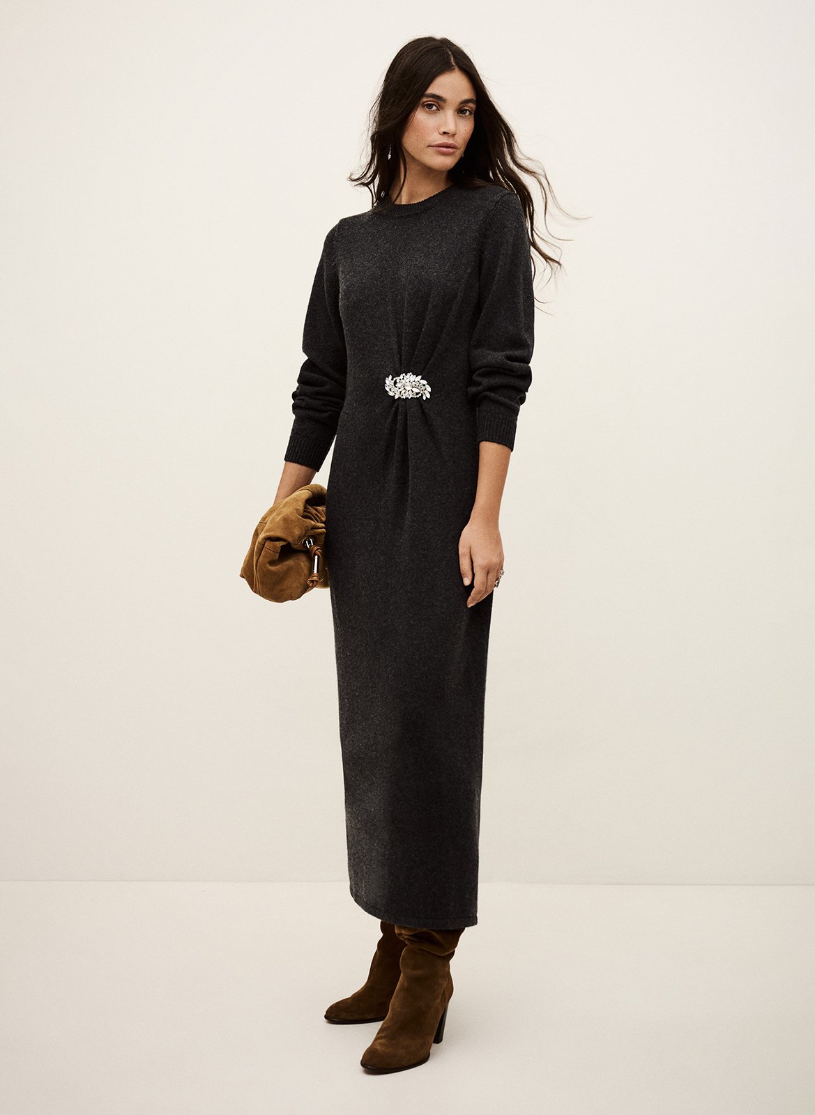 BA&SH Robe longue col rond en laine mélangée cynthia Noir