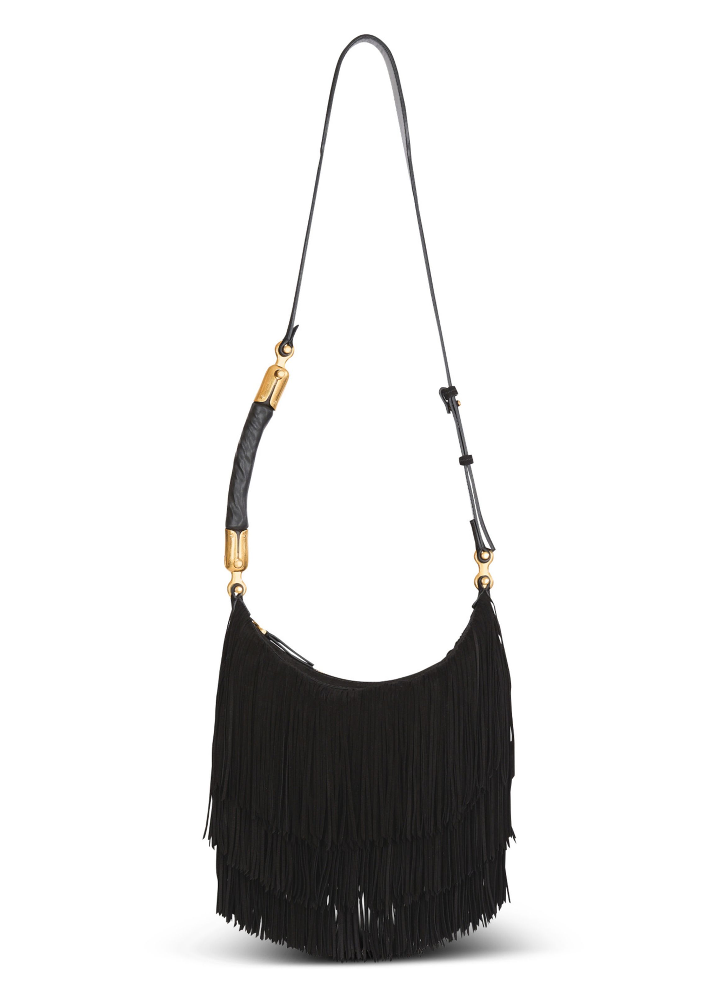 Sac ebene hobo en cuir suédé à franges BALMAIN Noir