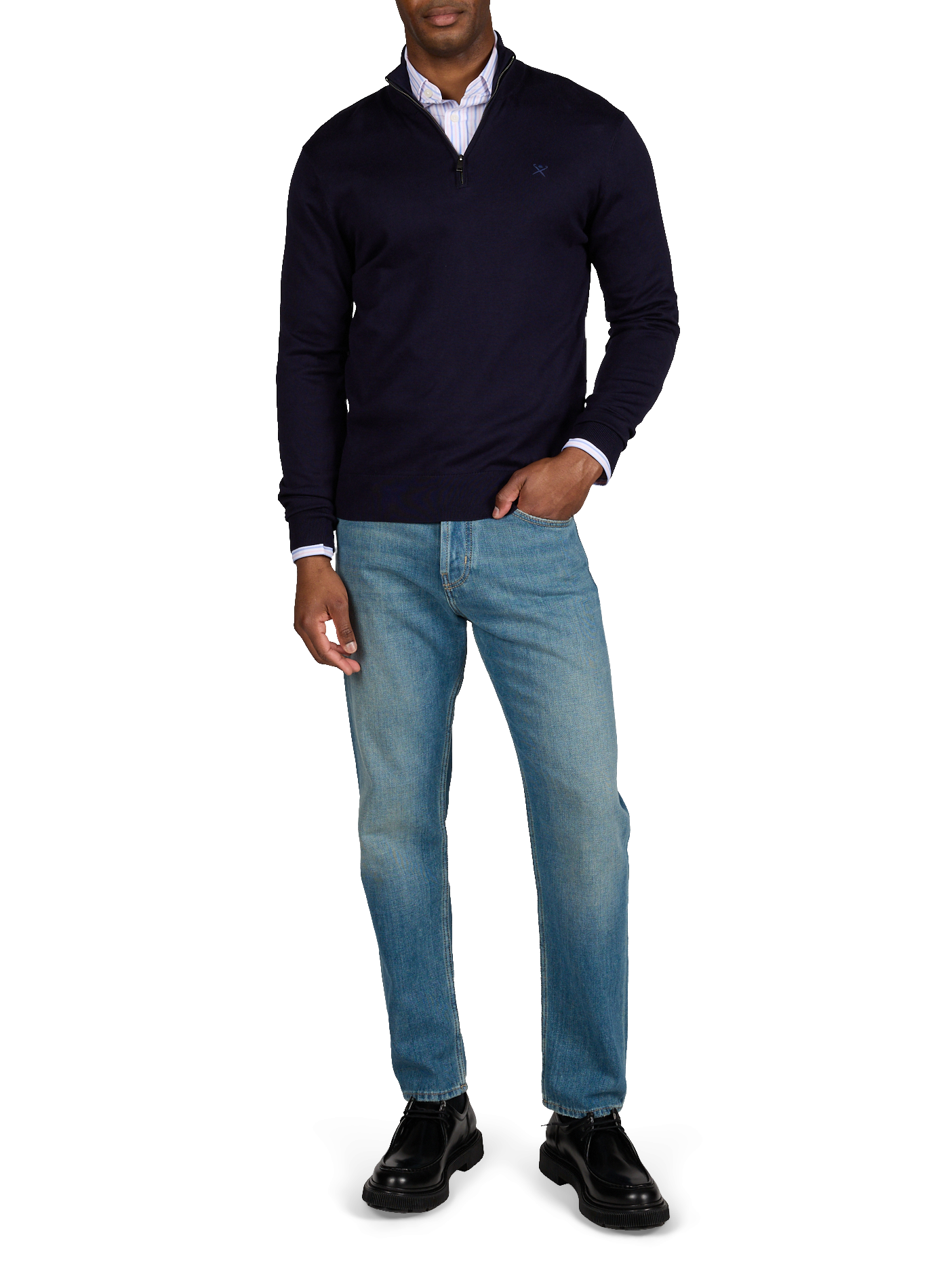 Pull col zippé en coton et soie HACKETT Bleu