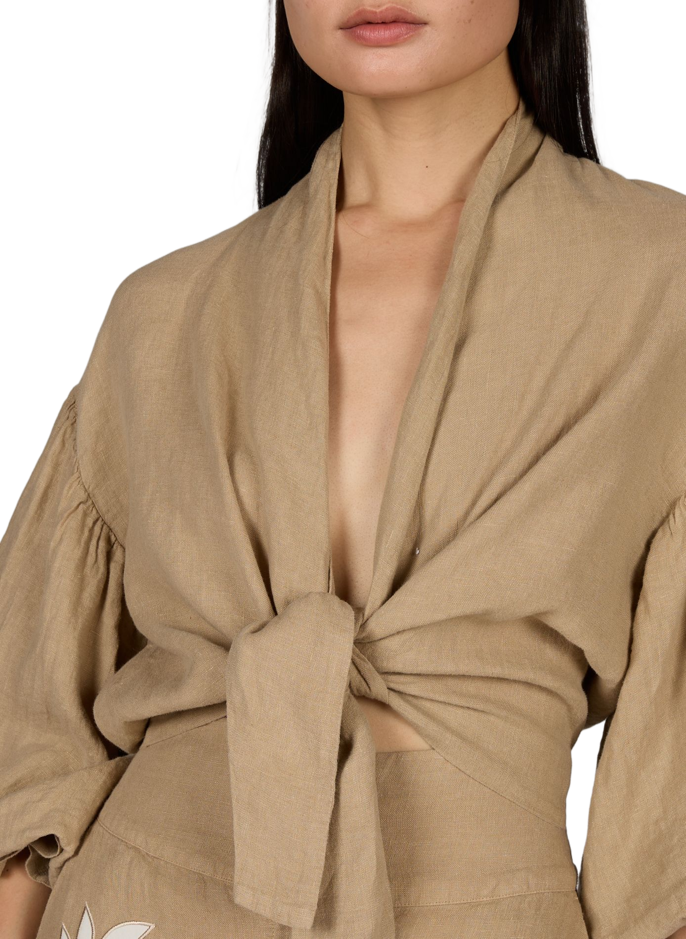 Oberteil mit puffigen Ärmeln und Bindung aus Leinen MR MOOD Beige