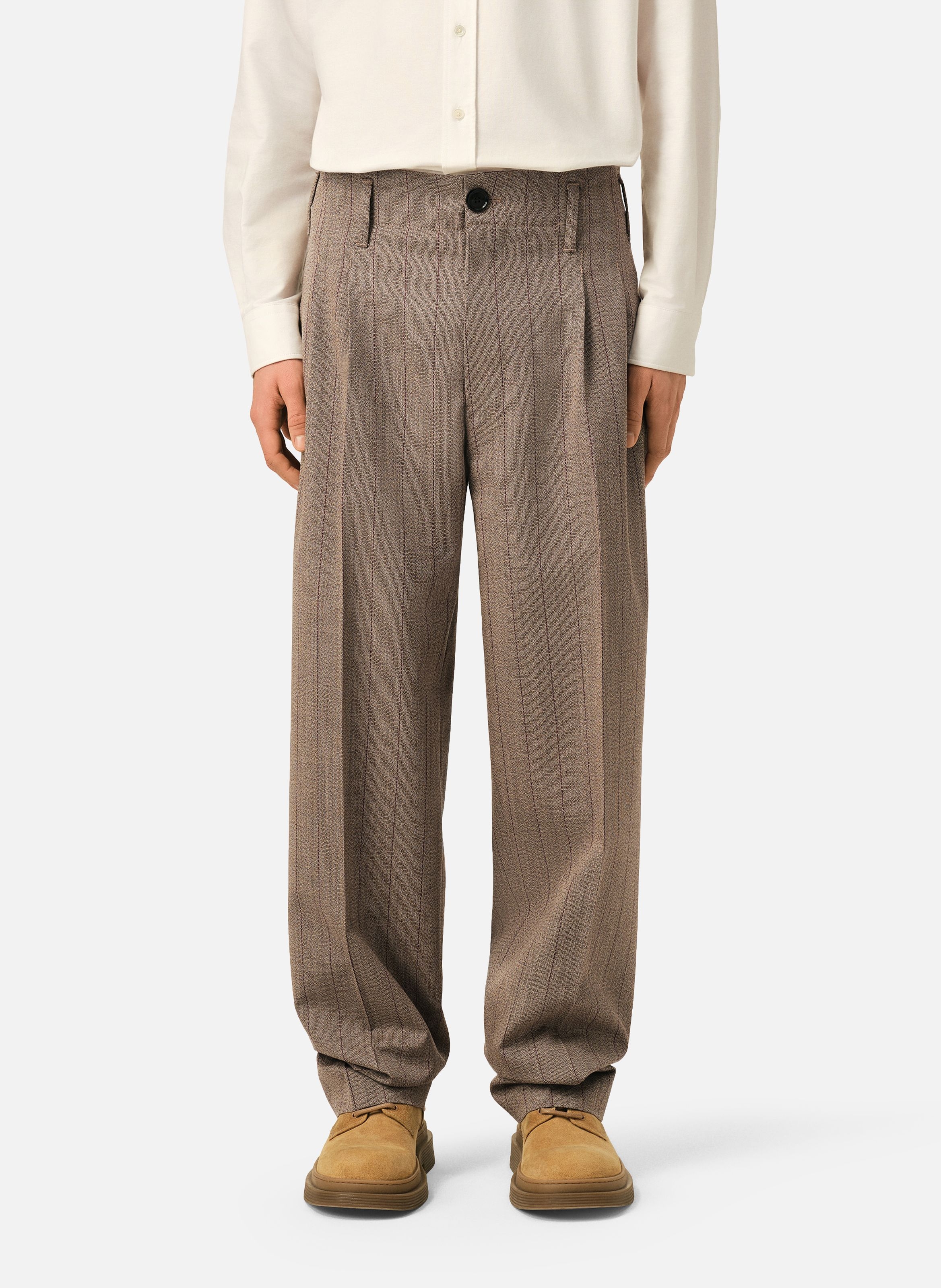 Pantalon rayé deux plis en laine AMI PARIS Marron