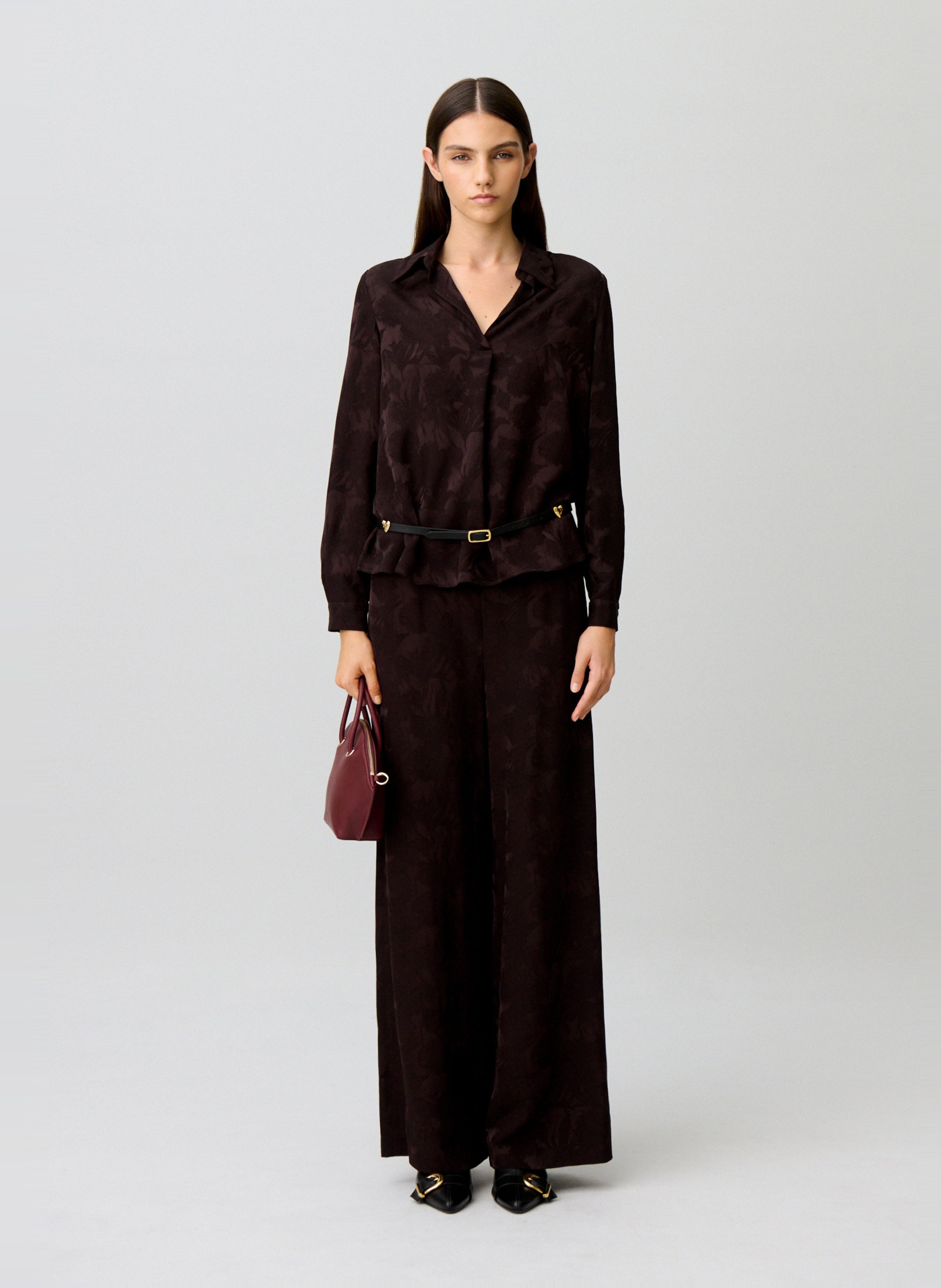 Chemise col v fluide jacquard CLAUDIE PIERLOT Marron
