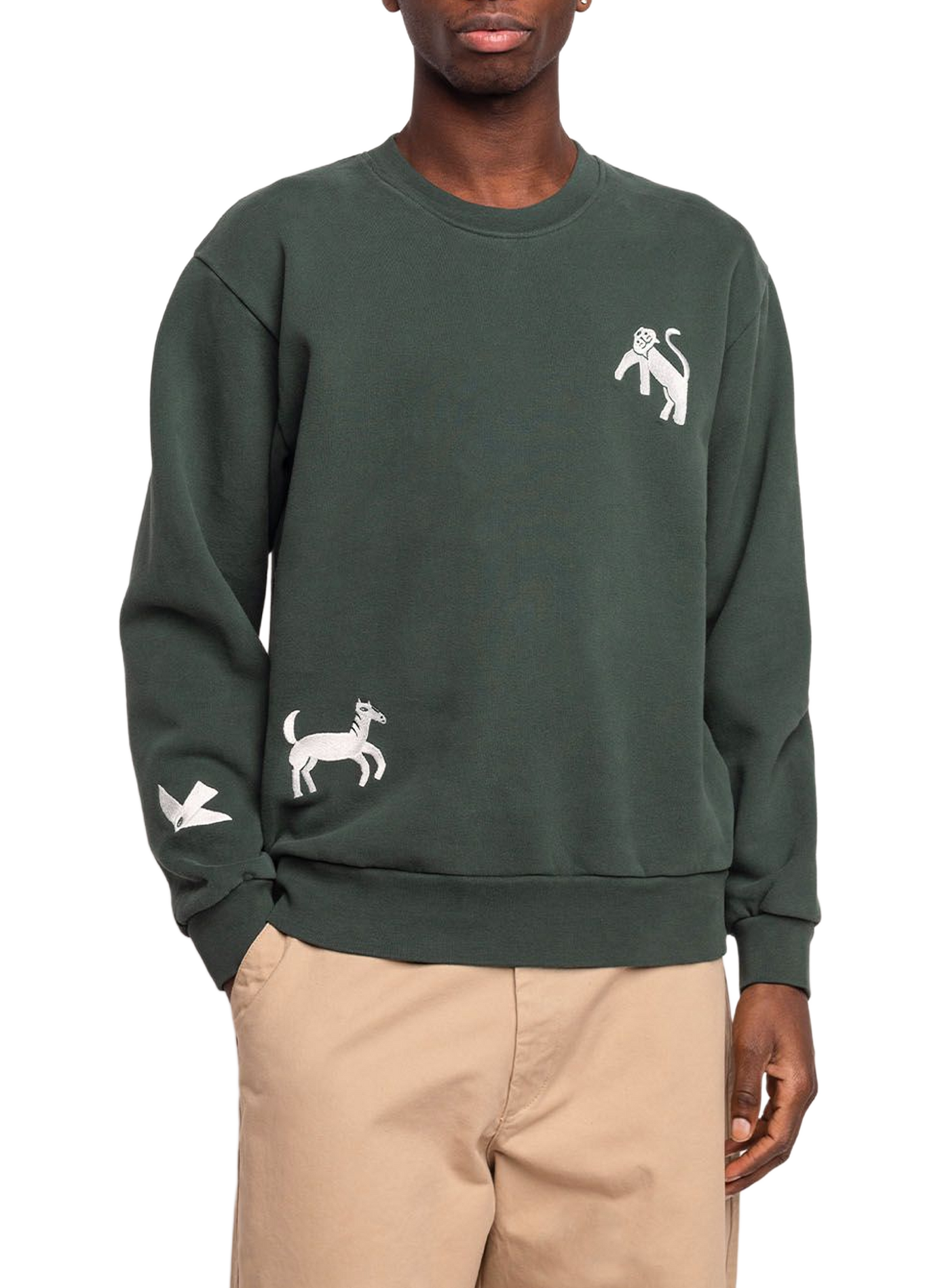 Straight-fit crew-neck sweatshirt with embroidered motifs OLOW Green