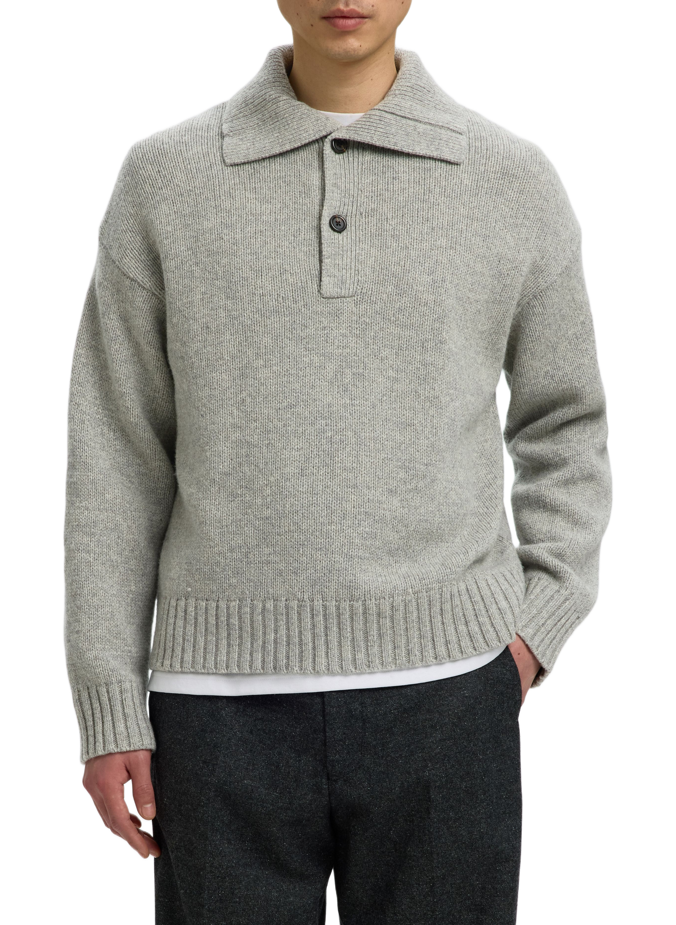 Strickpullover aus Wollmischung mit Polokragen SELECTED Grau