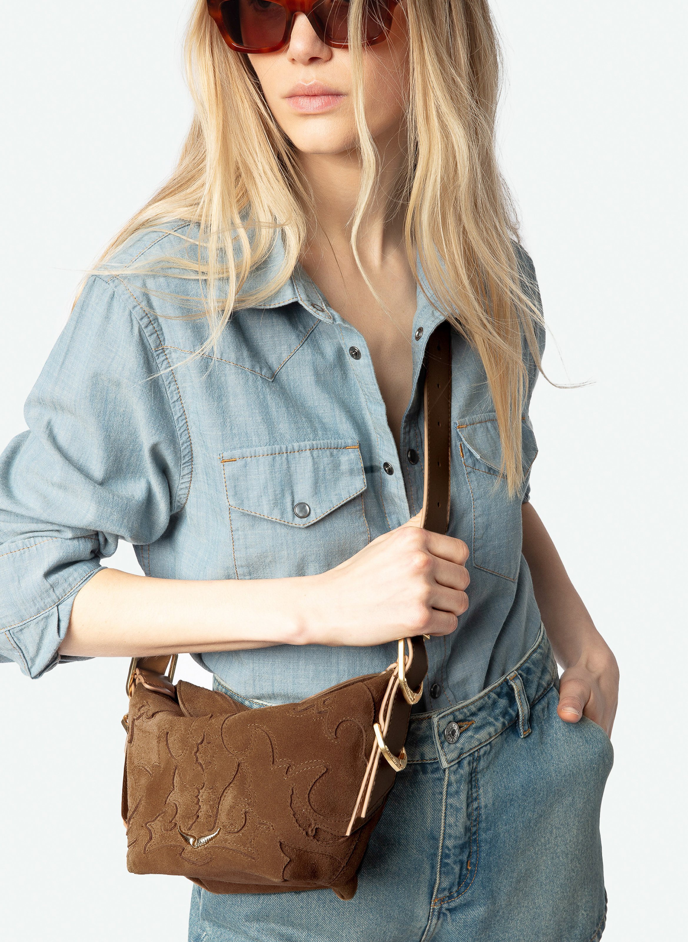 Sac bandoulière en cuir velours baby jane ZADIG&VOLTAIRE Marron