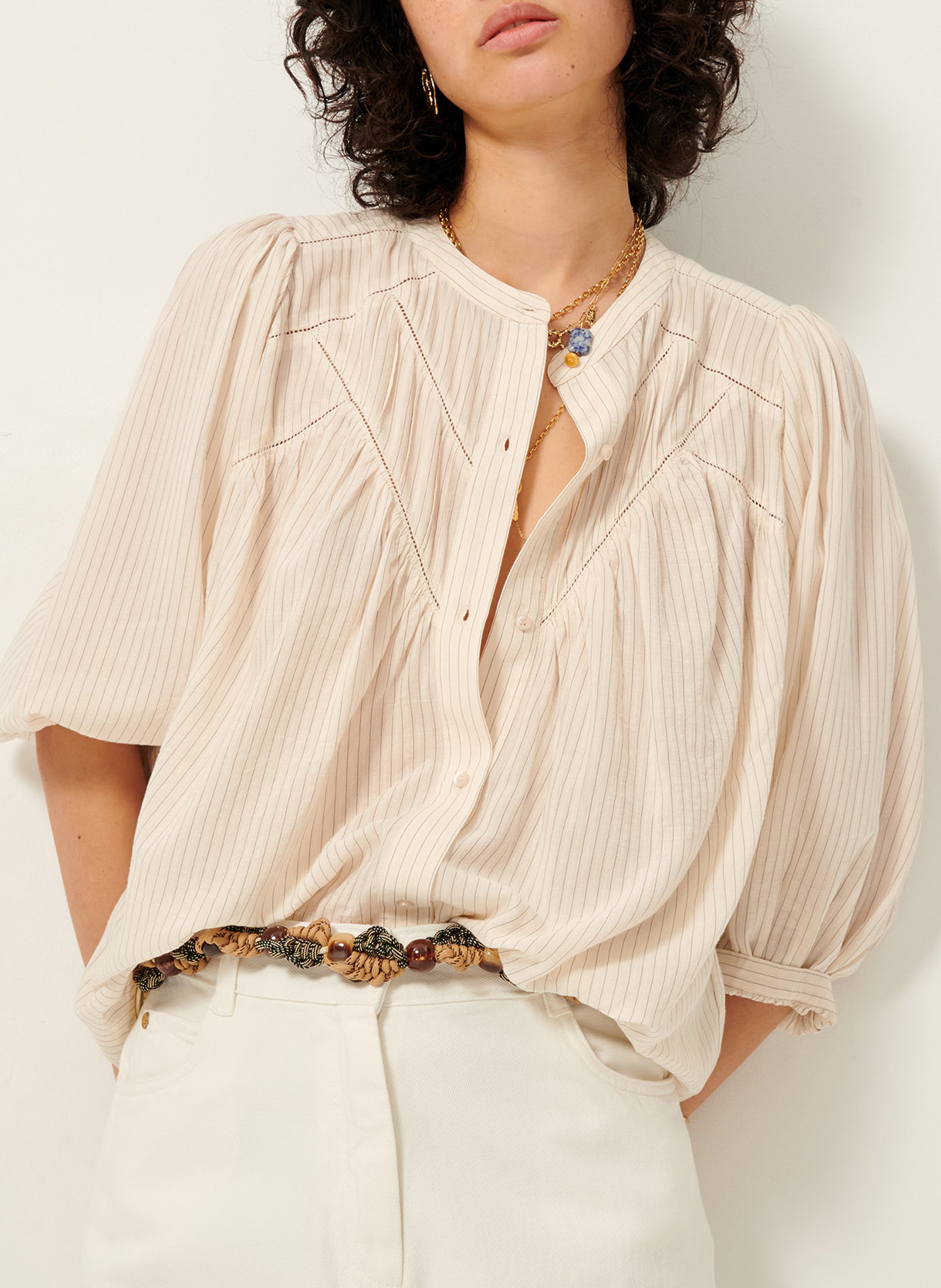 Chemise ample col mao en coton mélangé savi SESSUN Beige