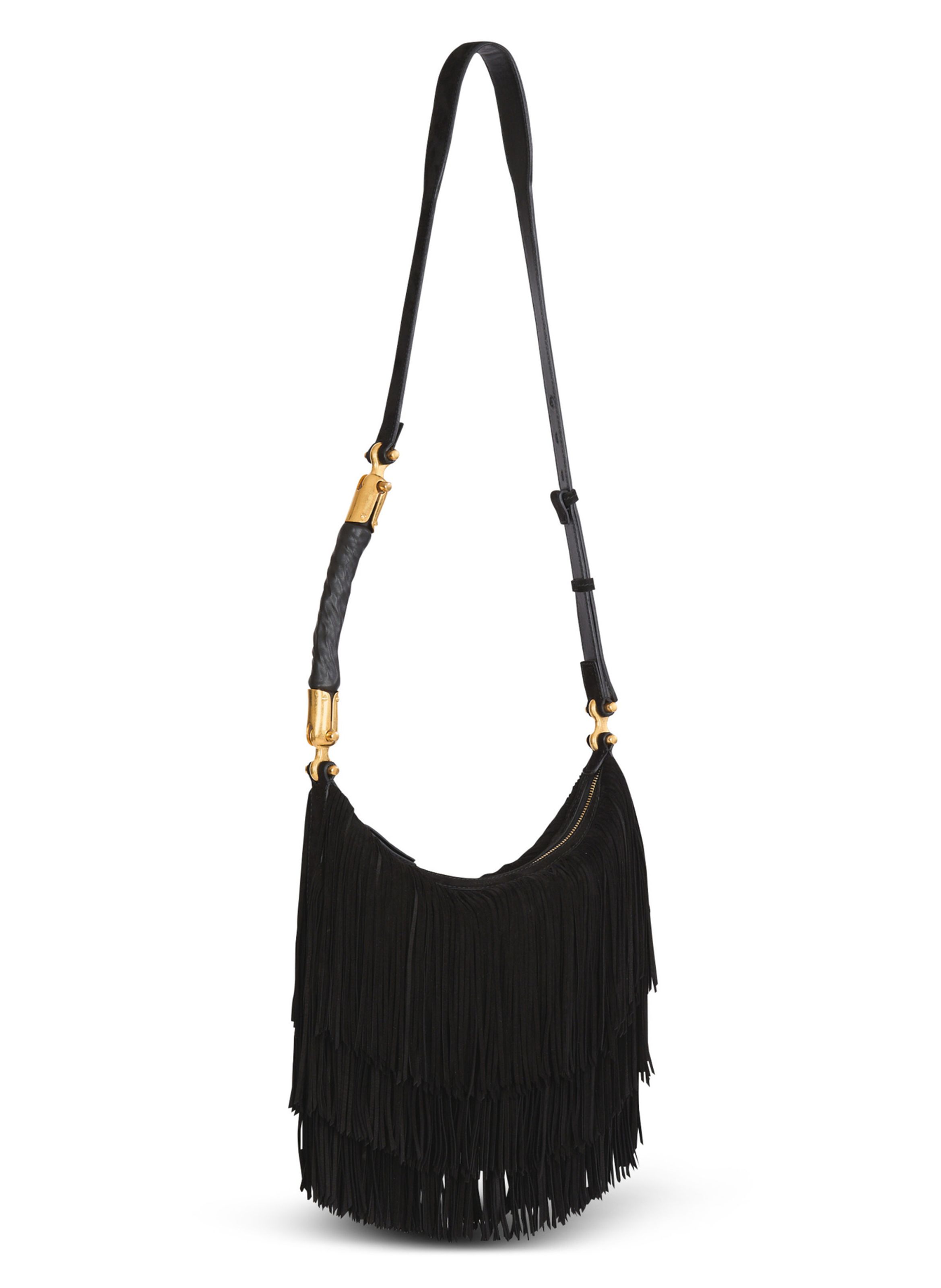 Sac ebene hobo en cuir suédé à franges BALMAIN Noir