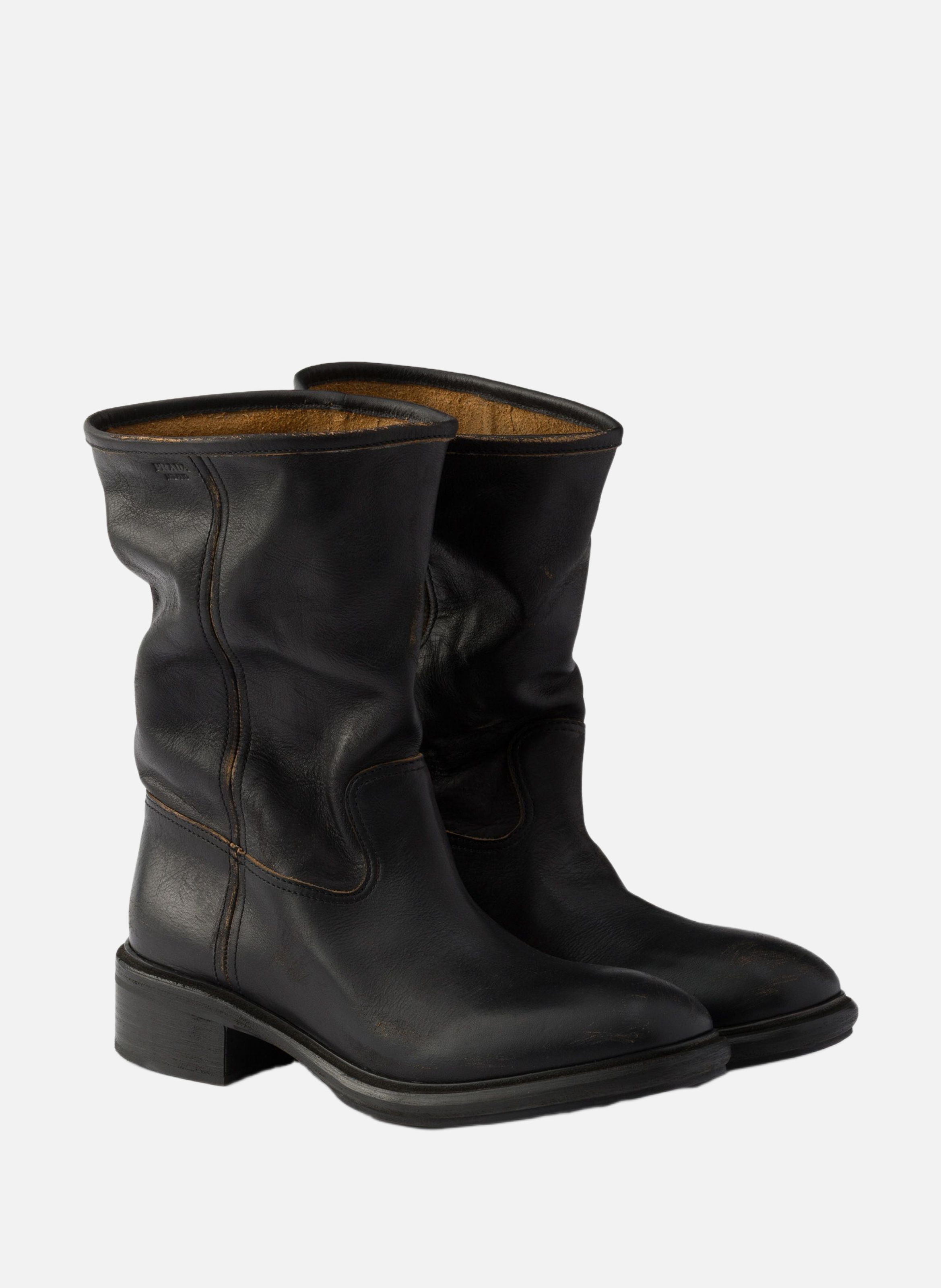 Bottes en cuir à effet vintage PRADA Noir