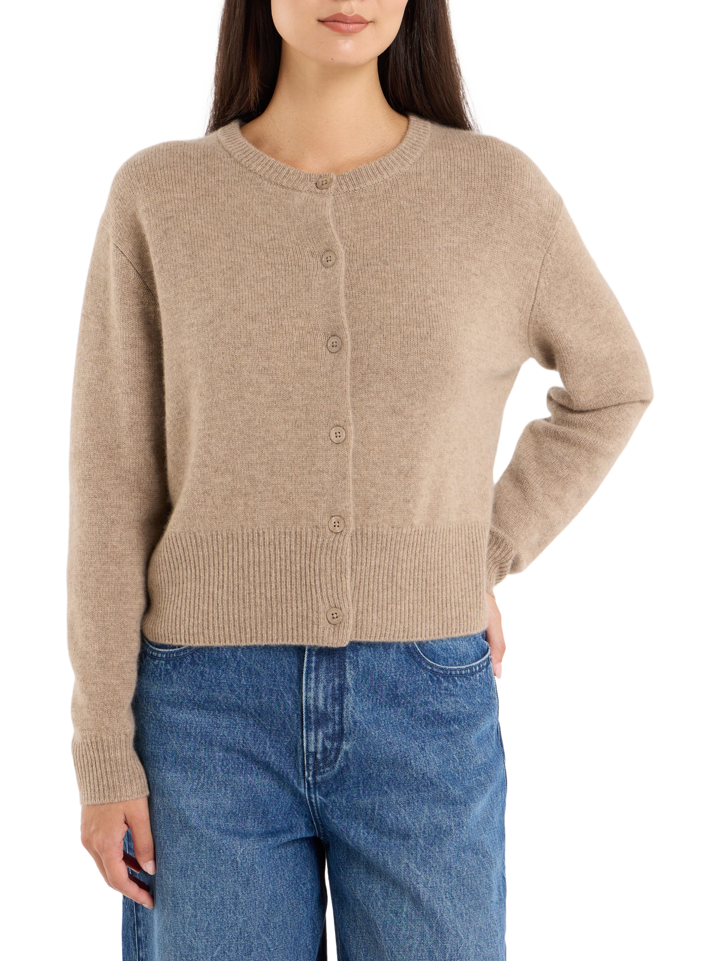 Fluffy round-neck cashmere cardigan SAISON 1865 Brown
