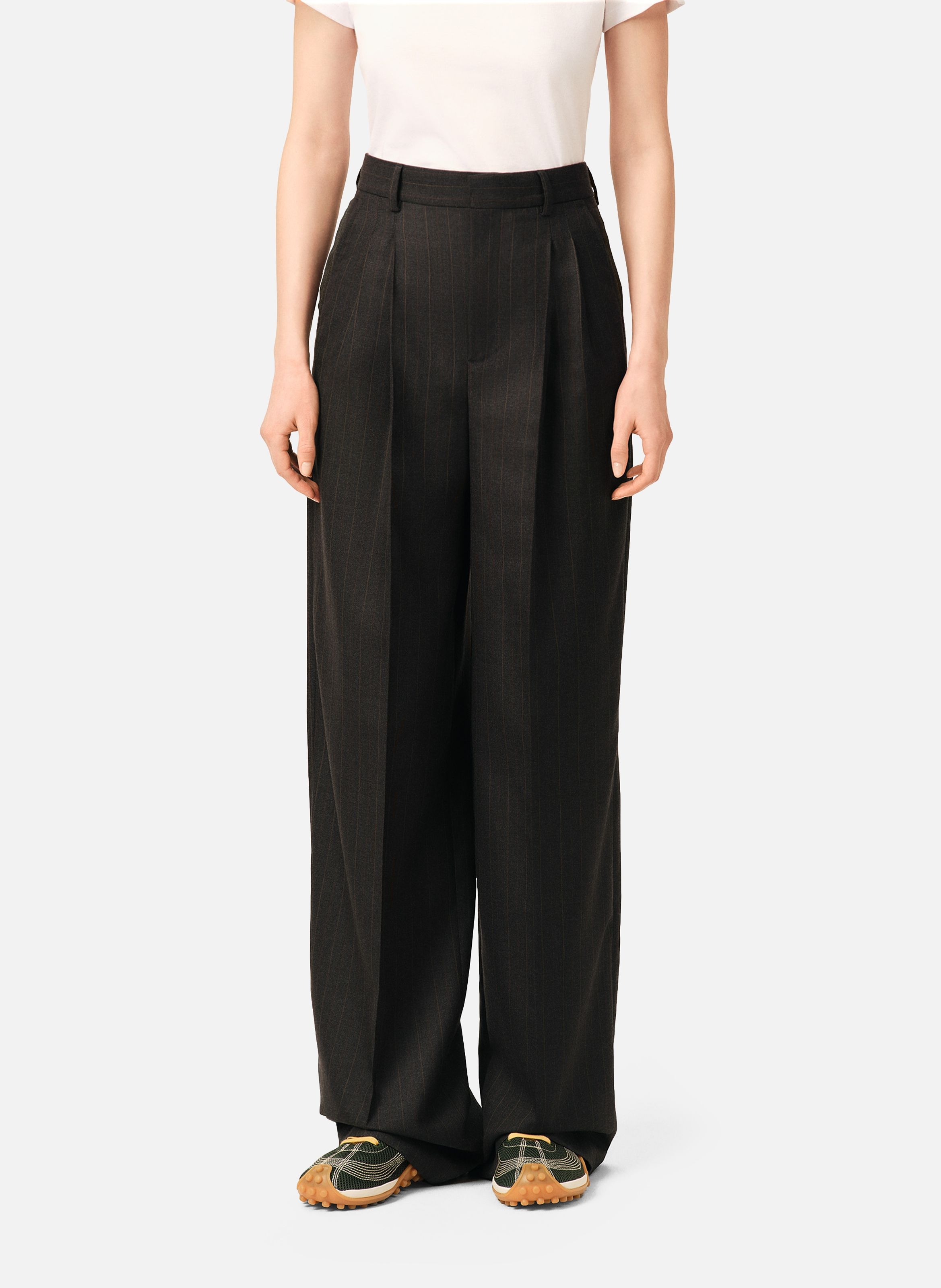 Pantalon rayé coupe wide taille haute en laine AMI PARIS Gris