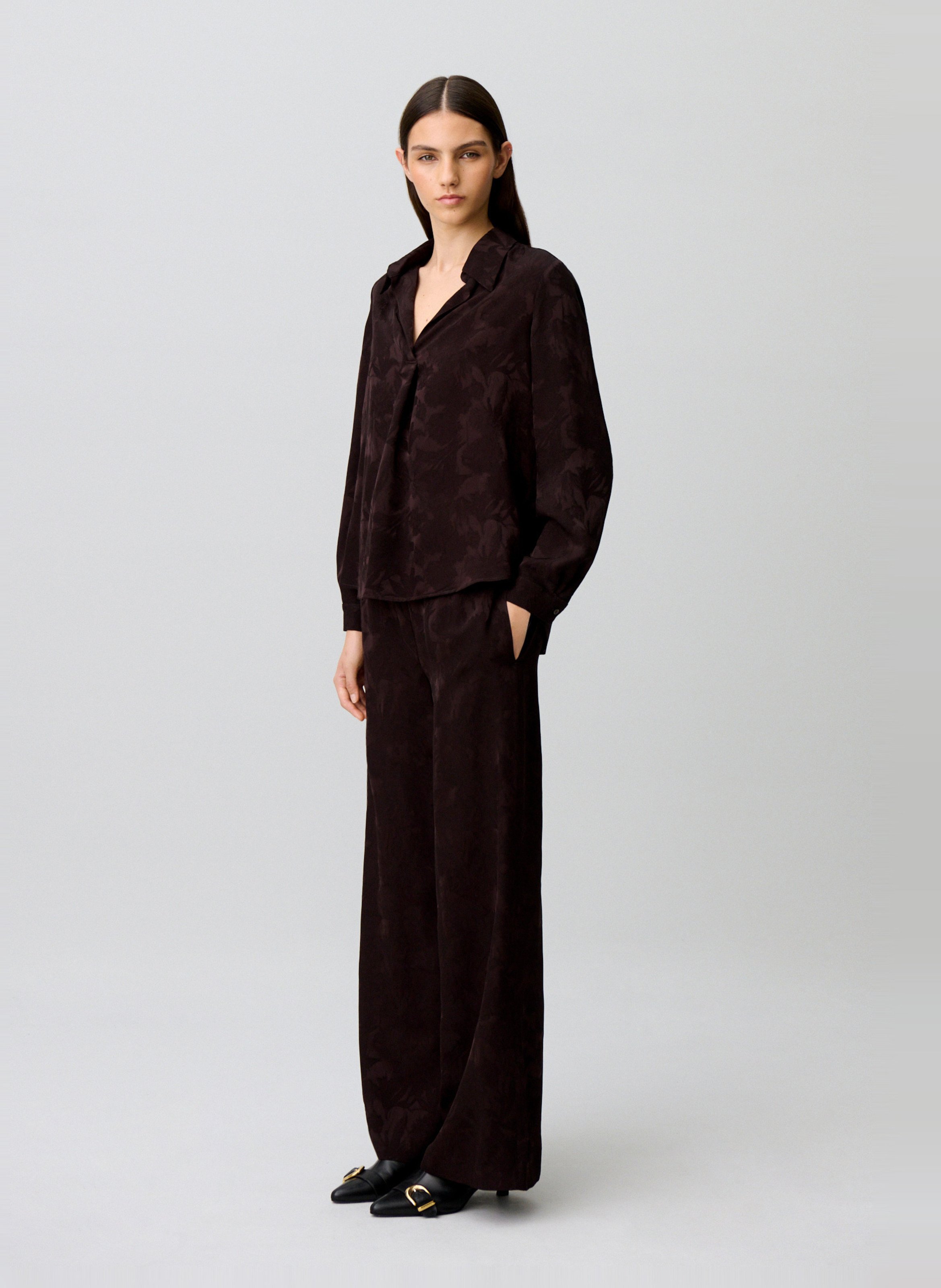 Chemise col v fluide jacquard CLAUDIE PIERLOT Marron