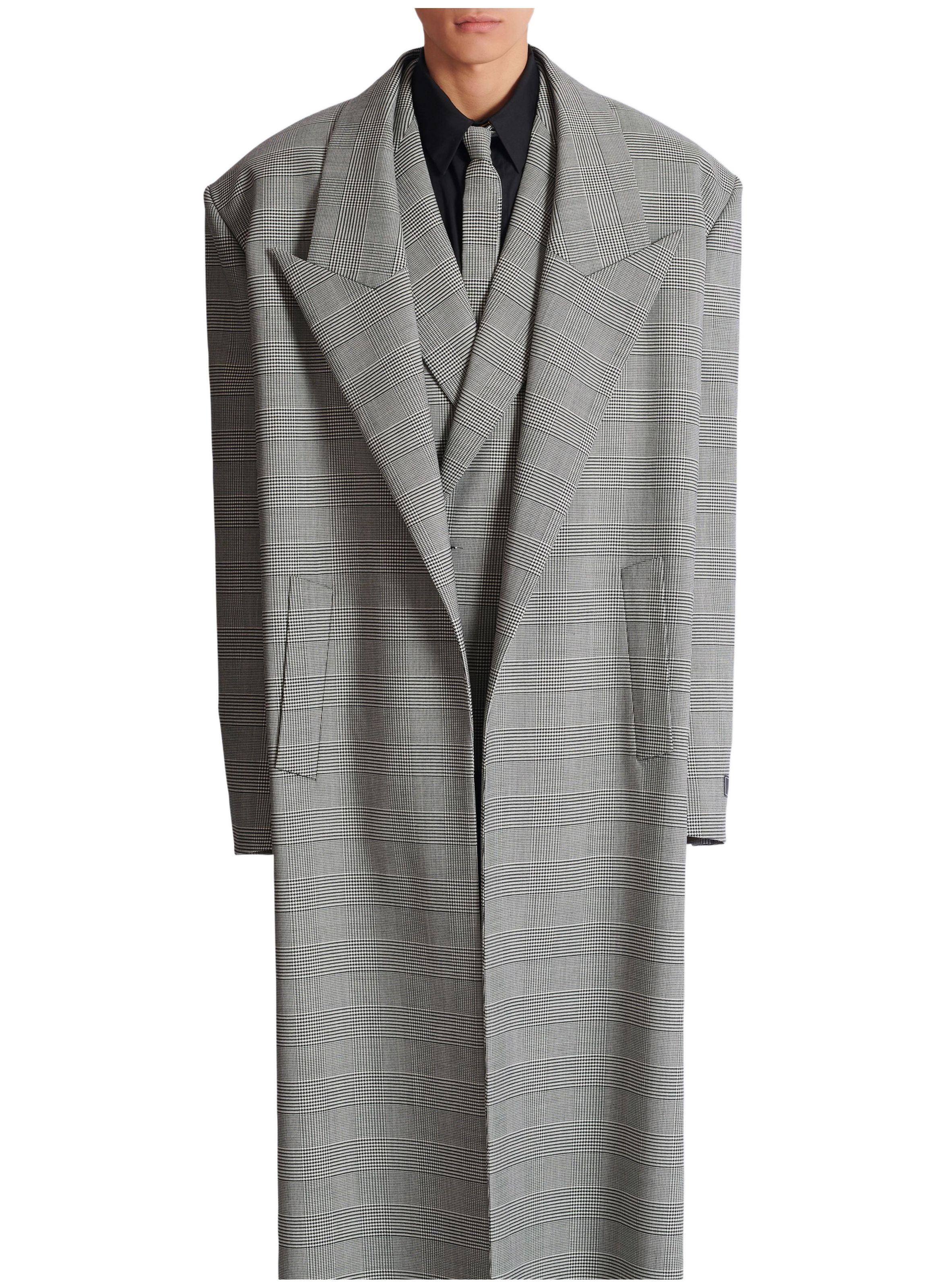 Manteau oversize en laine prince de galles BALMAIN Noir