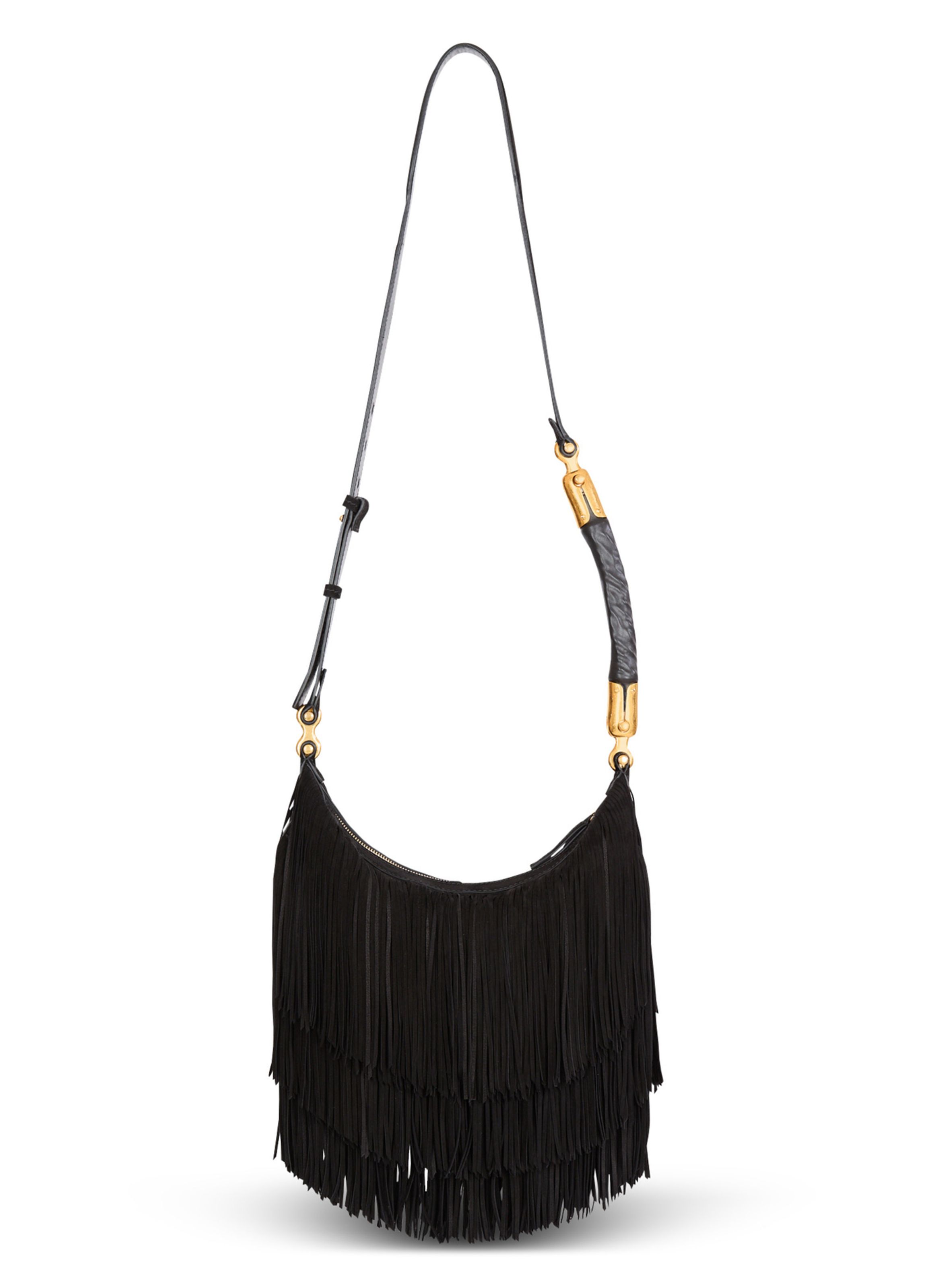 Sac ebene hobo en cuir suédé à franges BALMAIN Noir