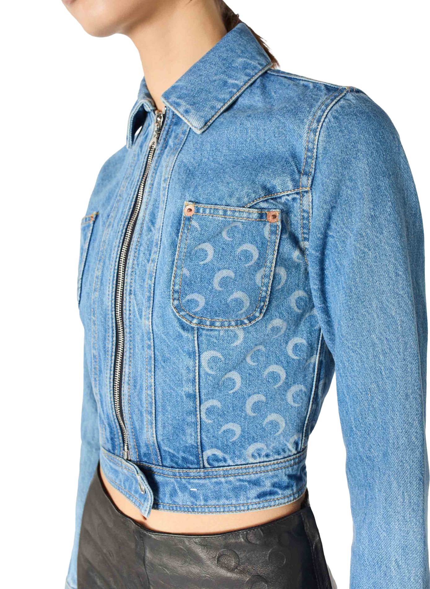 Veste trucker zippée en jean de coton biologique bleu clair MARINE SERRE Blauw
