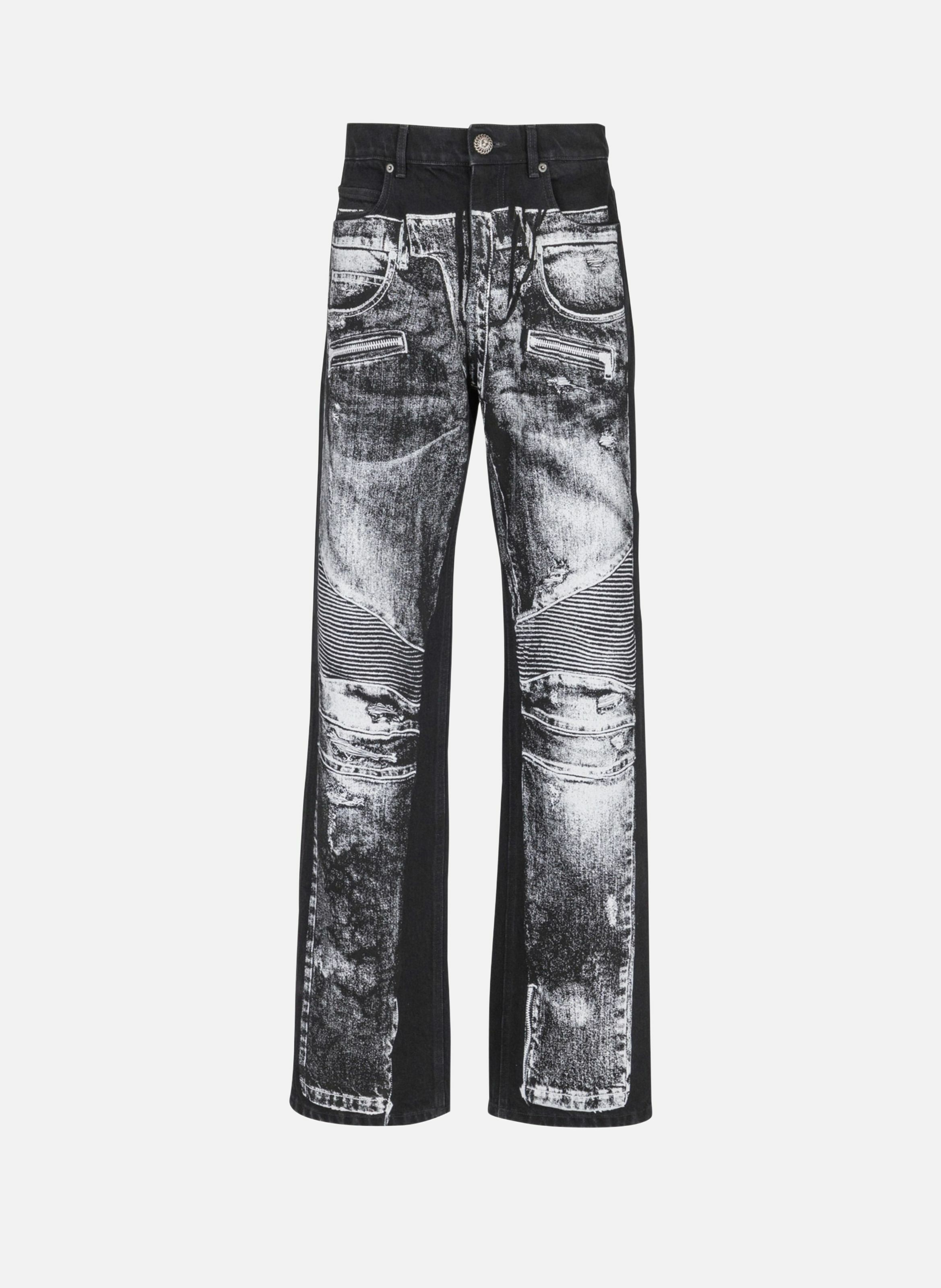 BALMAIN Jean loose en denim imprimé trompe-l'œil biker Noir