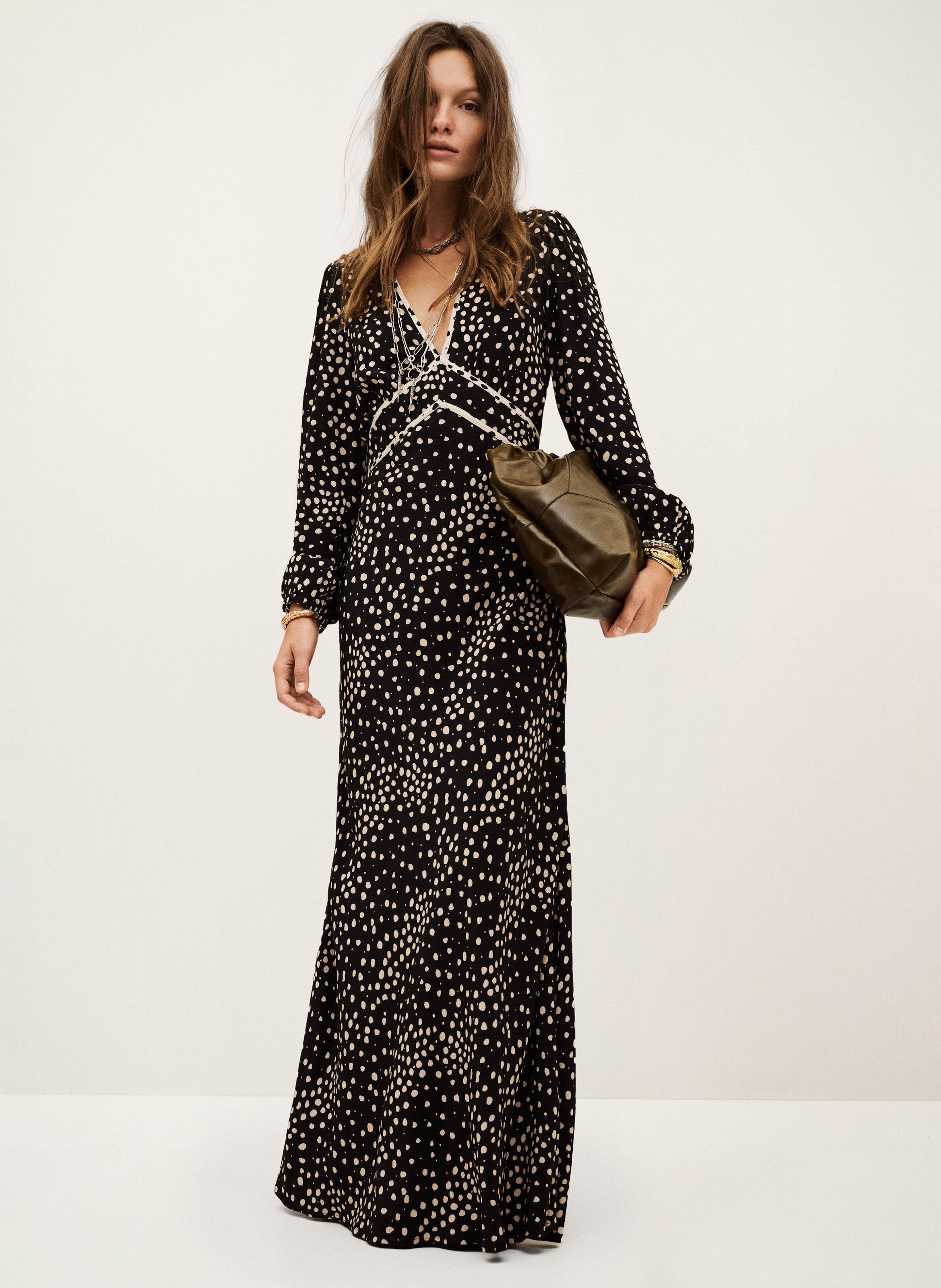 BA&SH Robe longue col v à pois derby Bleu
