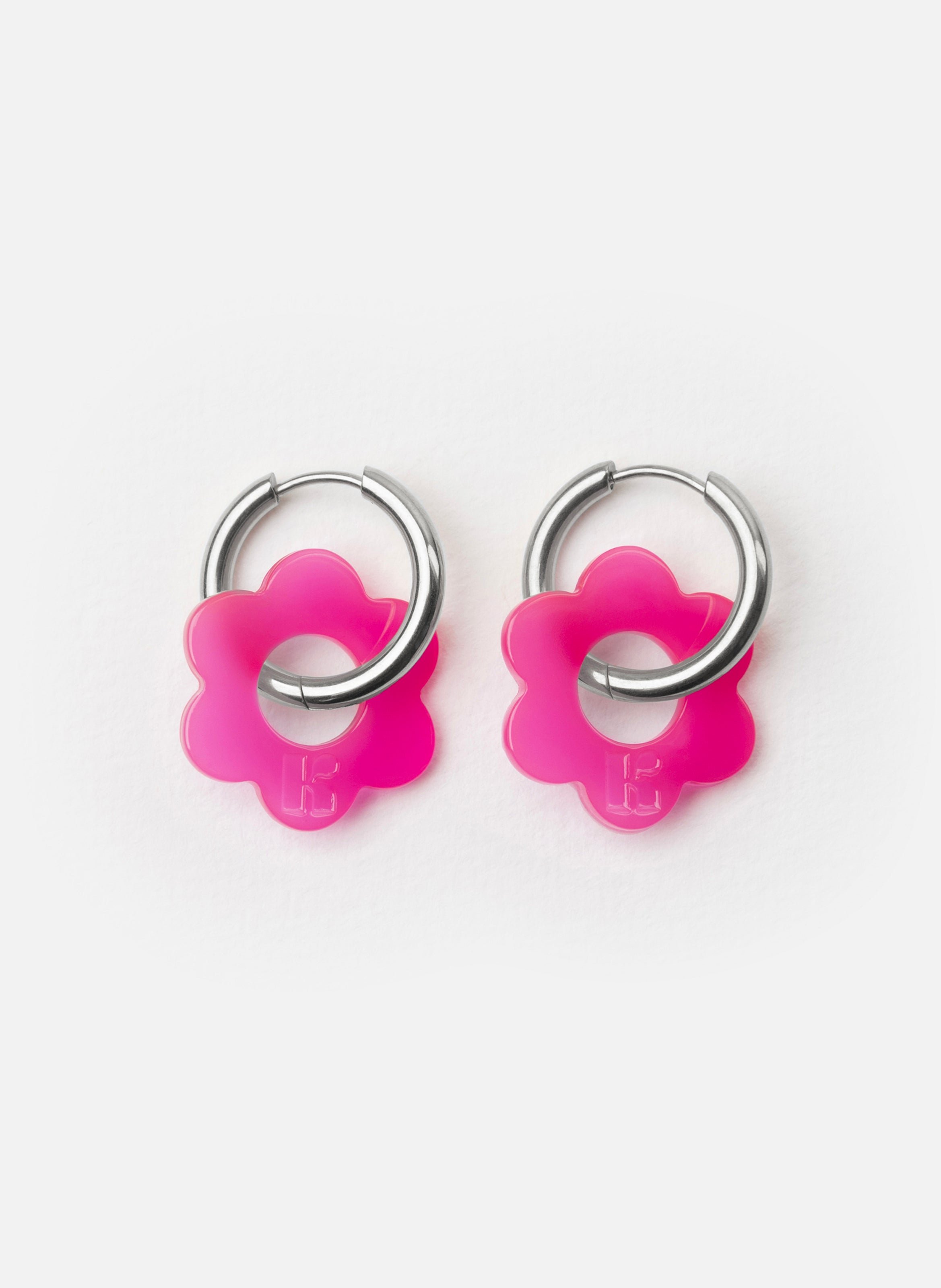 Boucles d'oreilles baby fleurette avec anneaux en acier inoxydable argenté  Fuchsia