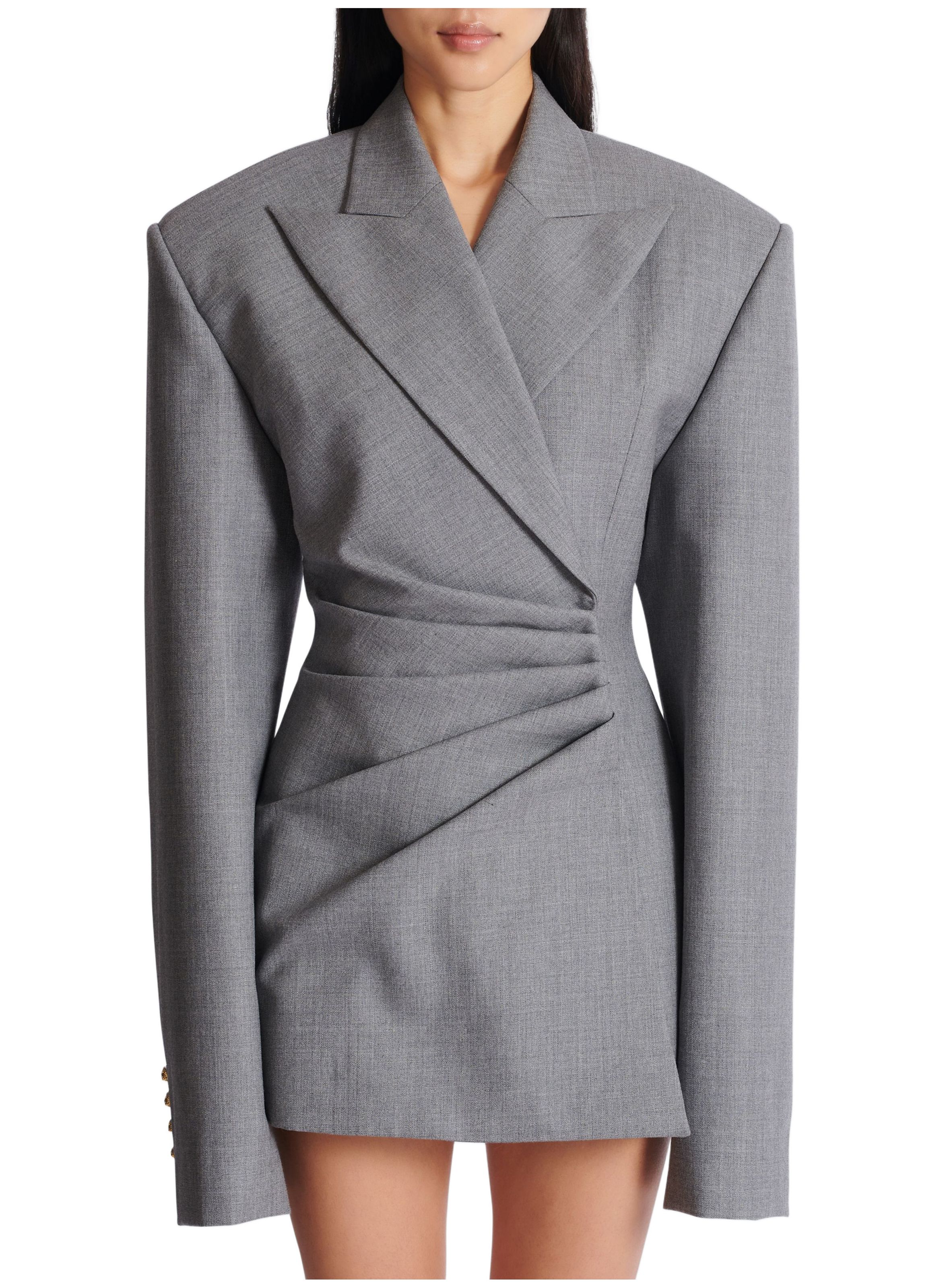 Robe-veste courte en laine drapée BALMAIN Gris