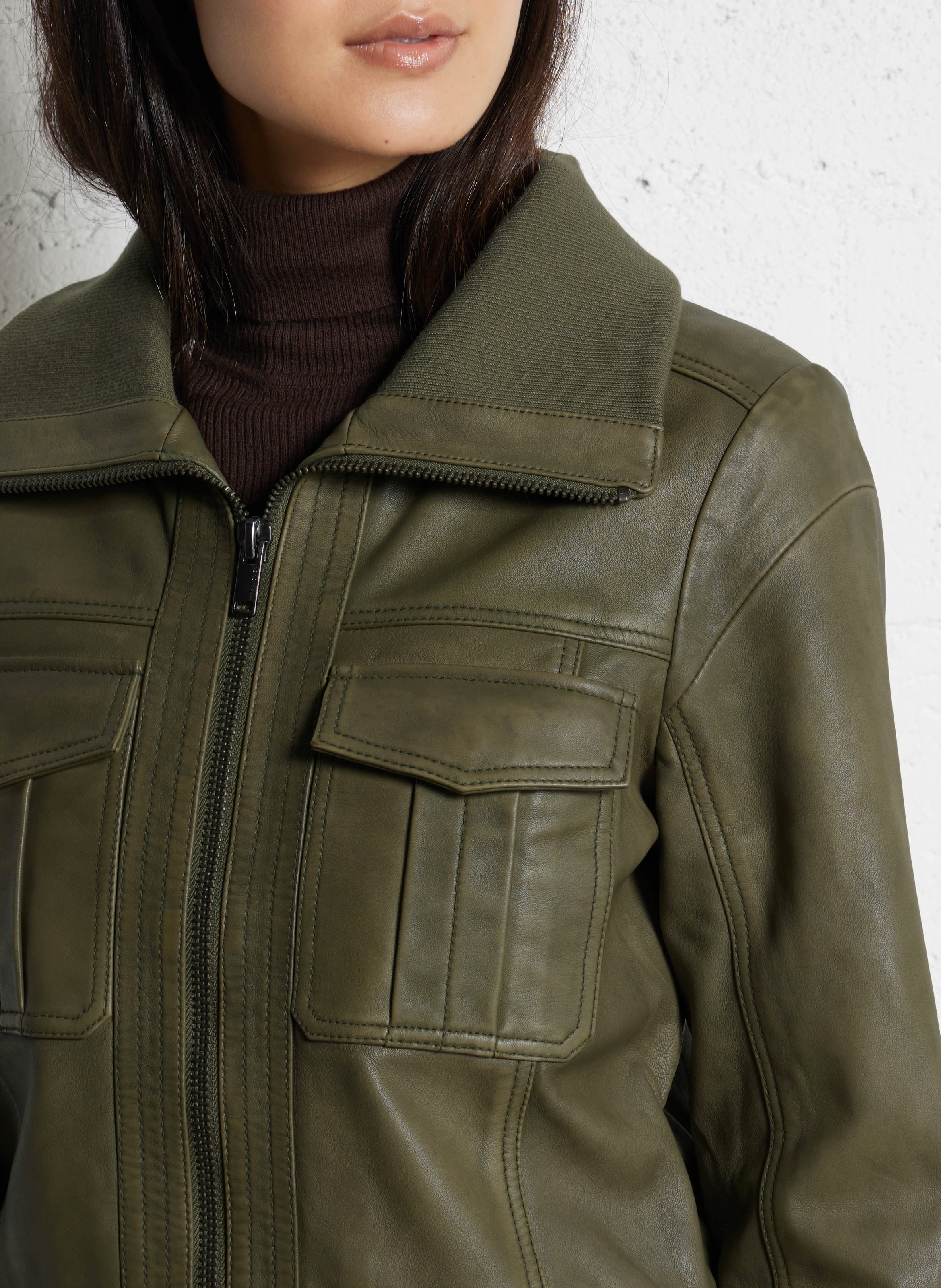 Blouson droit en cuir IKKS Kaki