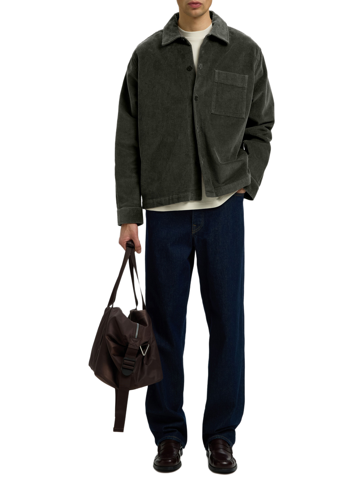 Ribbed straight fit cotton blend shirt SELECTED Green
