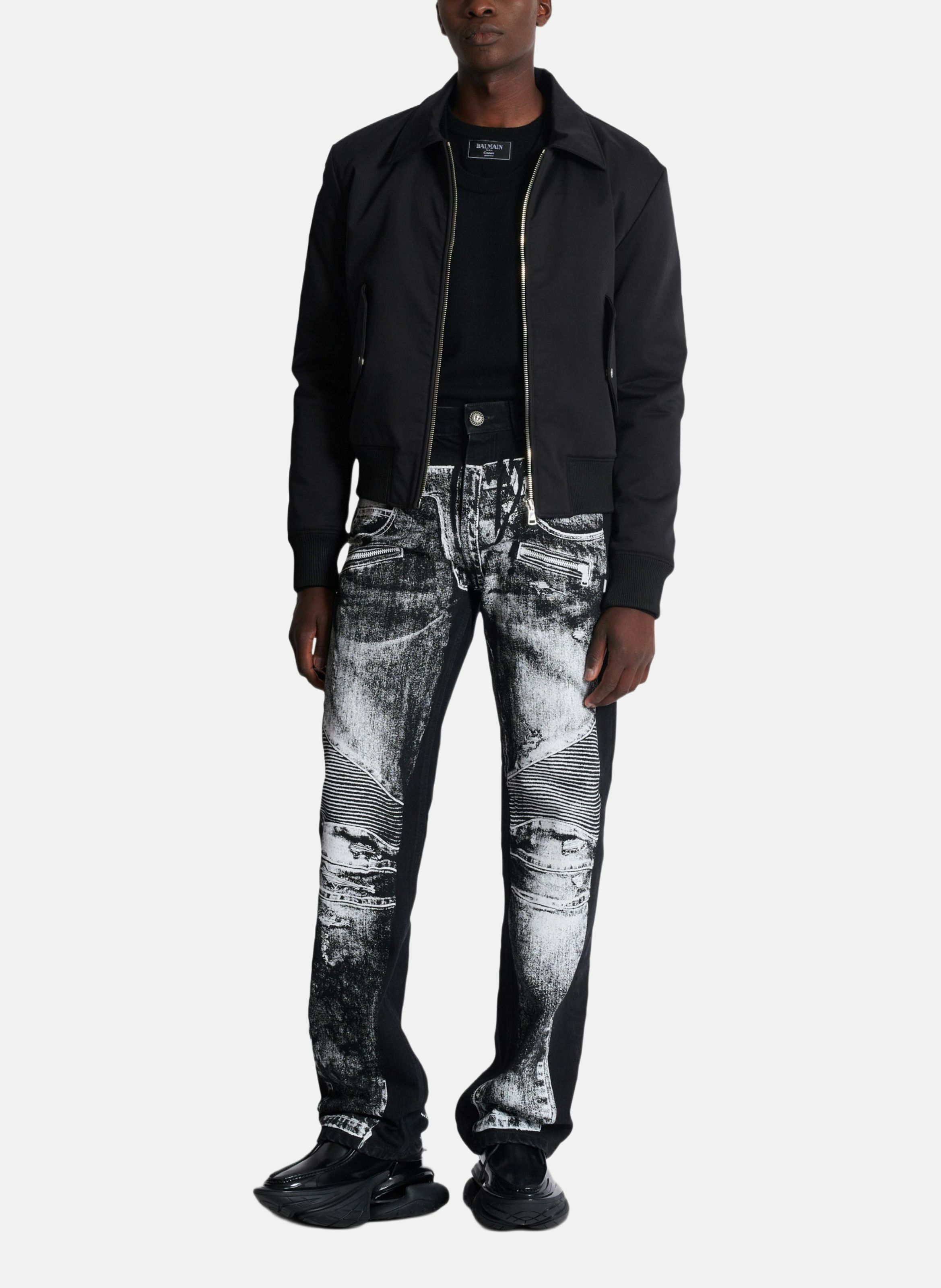 Jean loose en denim imprimé trompe-l'œil biker BALMAIN Noir