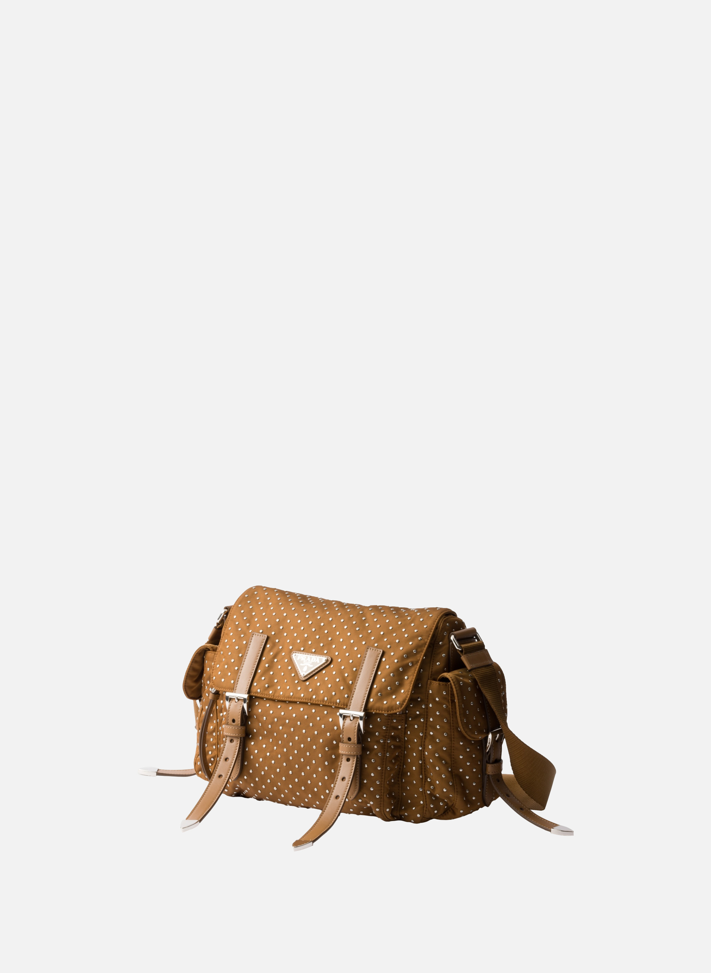 Sac à bandoulière en re-nylon avec clous PRADA Marron