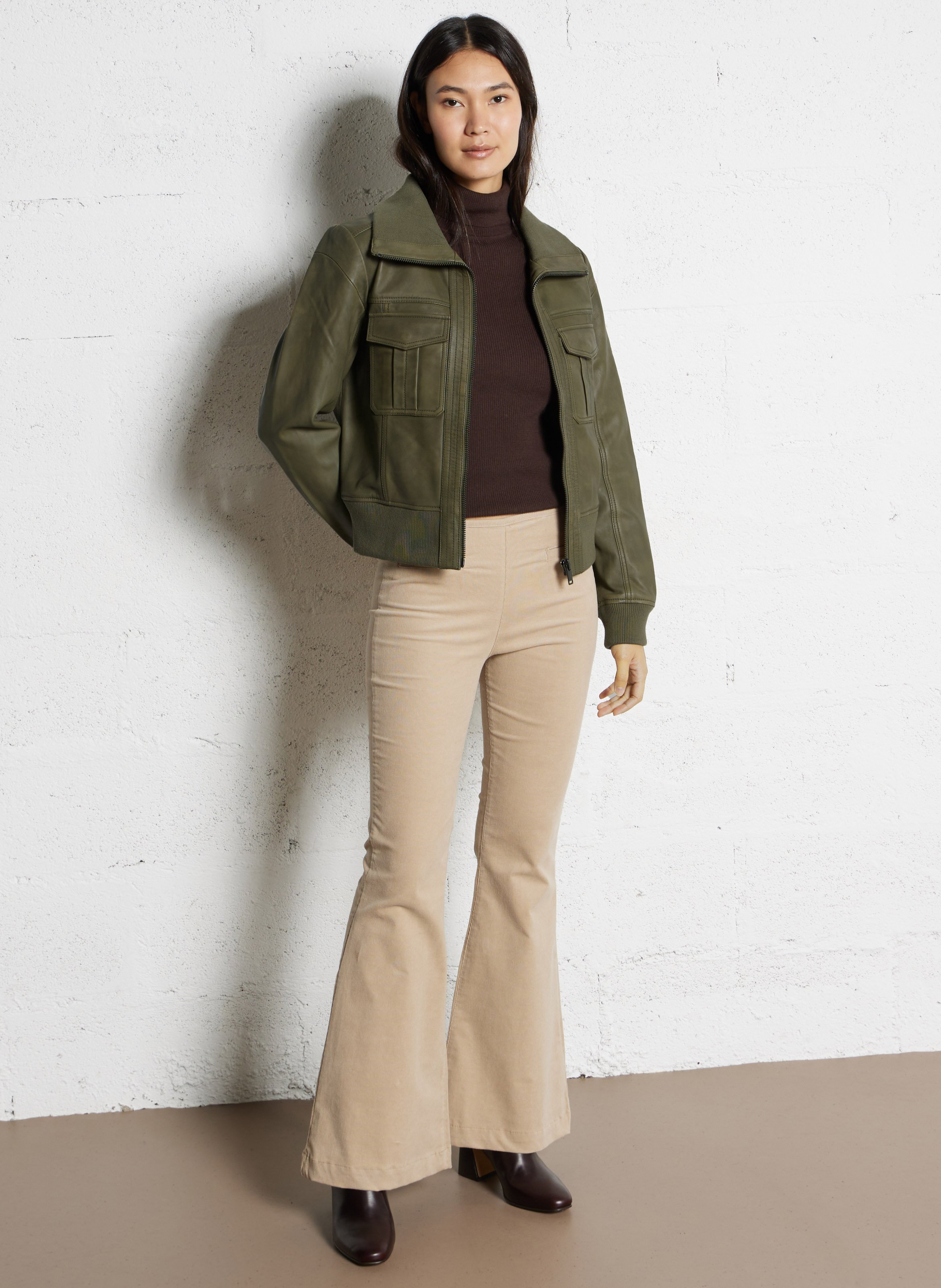 Blouson droit en cuir IKKS Kaki