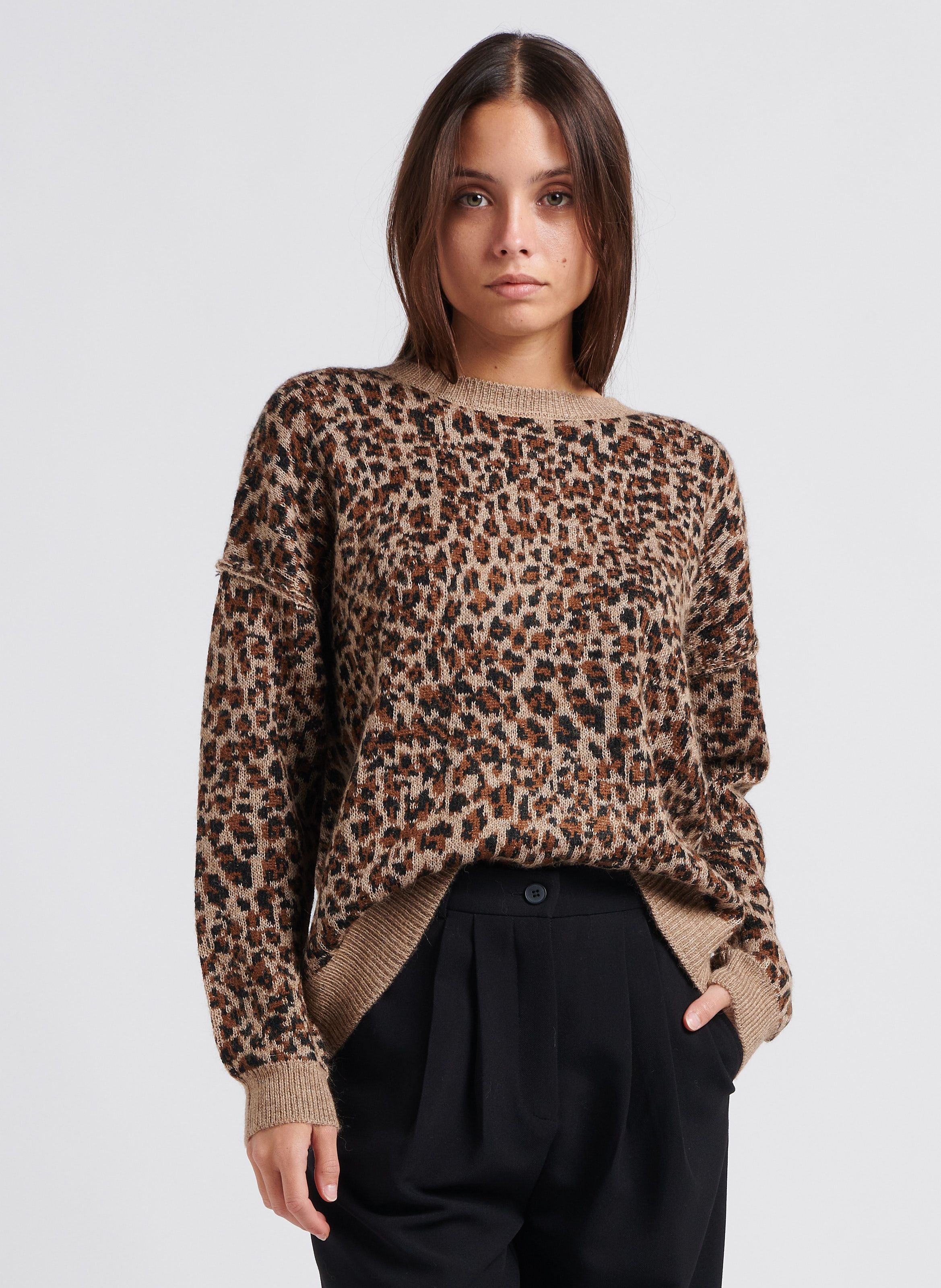 Pull col rond à imprimé léopard