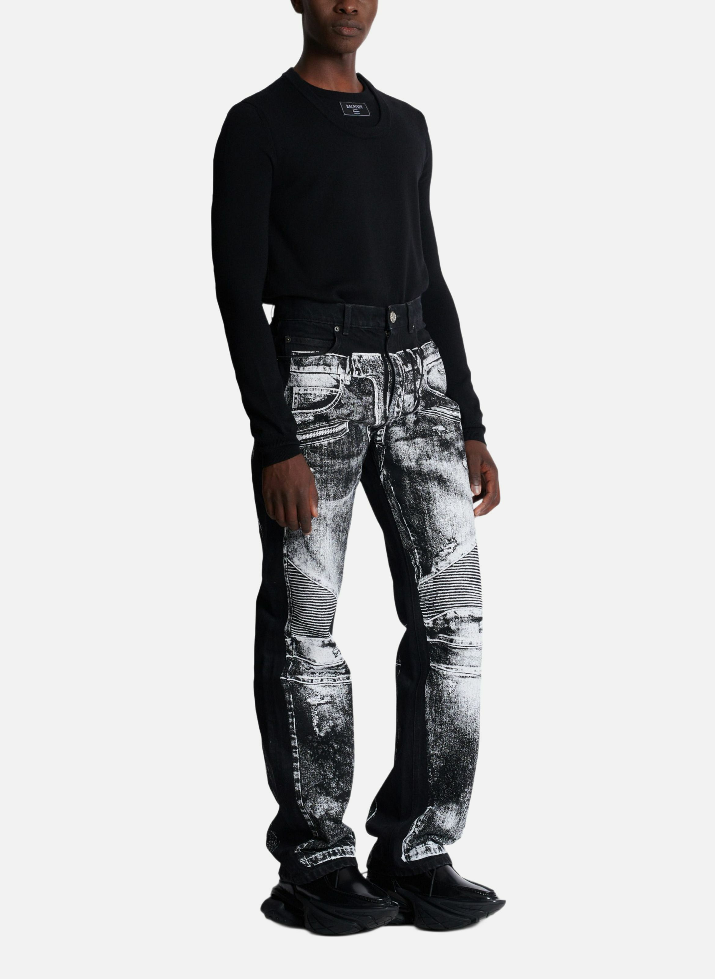 Jean loose en denim imprimé trompe-l'œil biker BALMAIN Noir