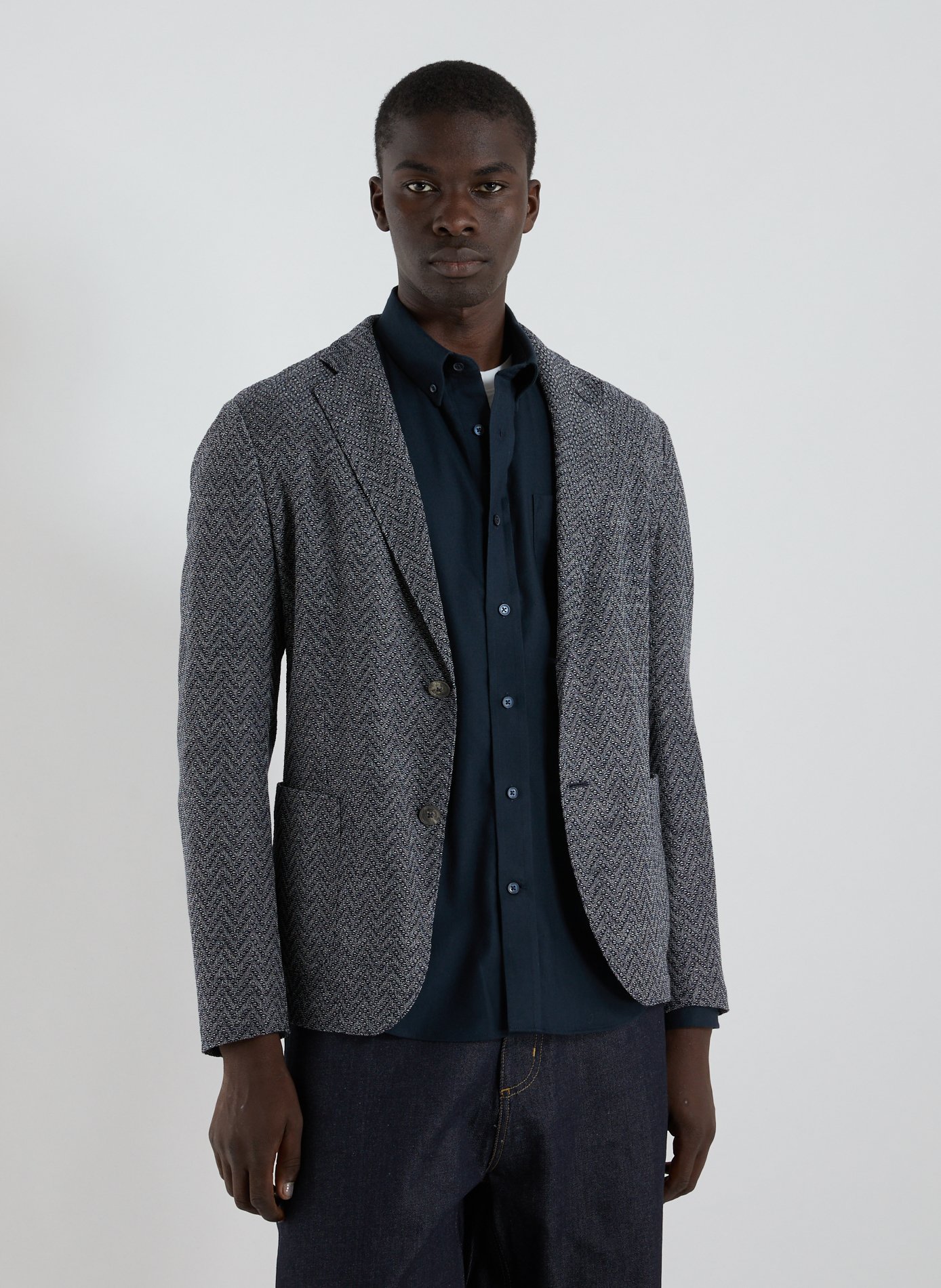 EMPORIO ARMANI Straight wool herringbone jacket Blue