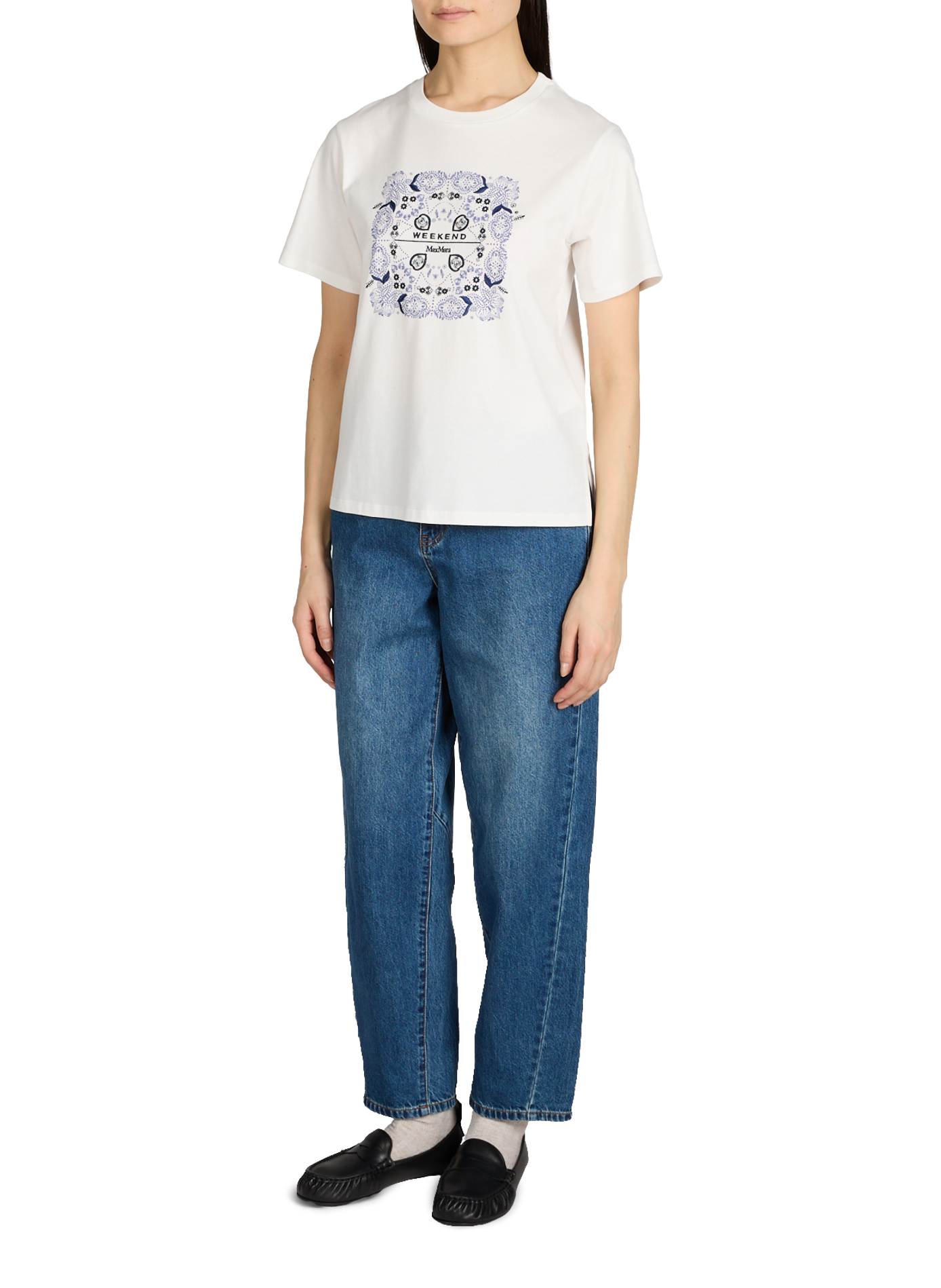 Embroidered round neck cotton T-shirt WEEK END White