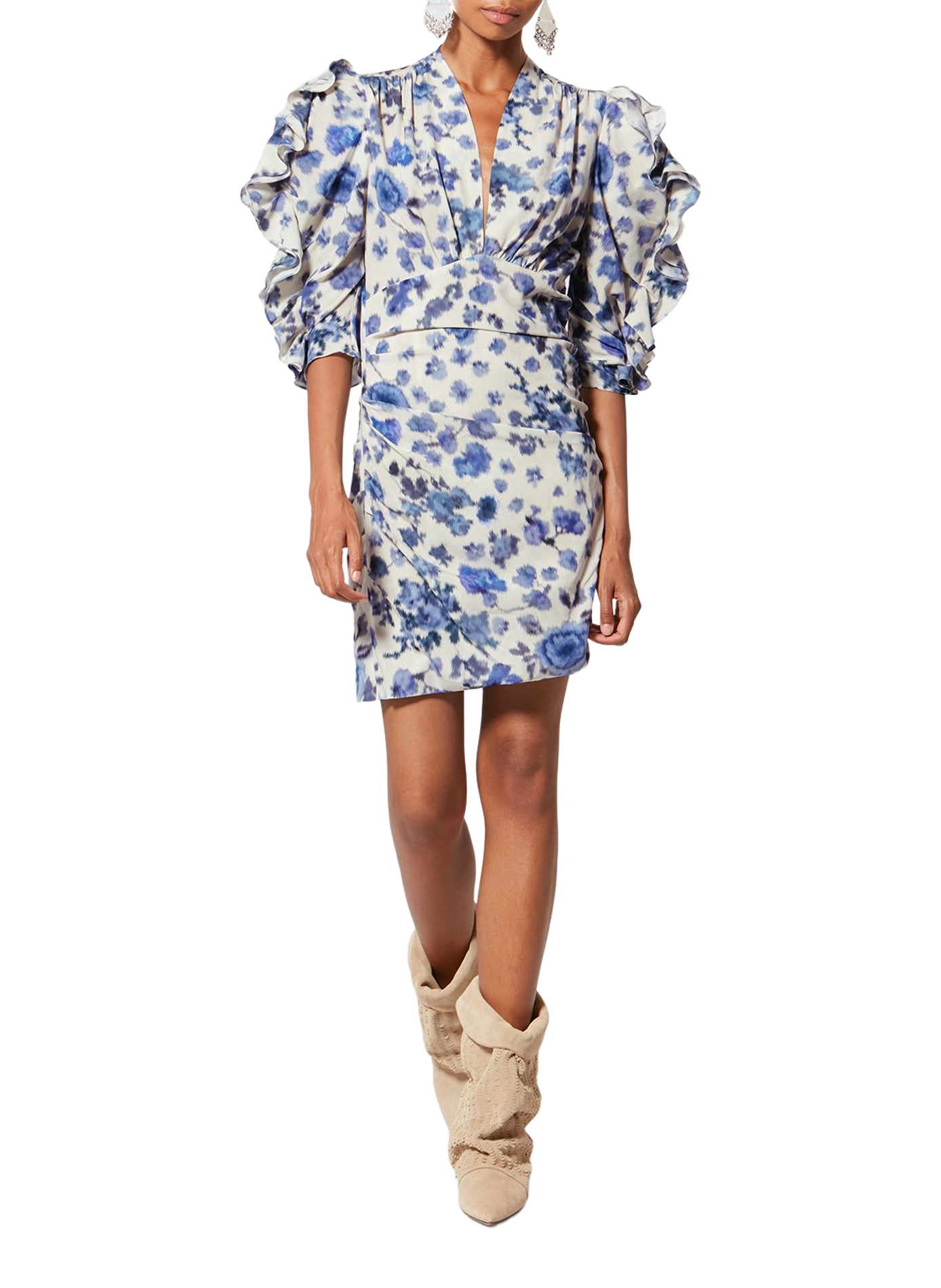 Kurzes Seidenkleid mit Stretch aus bedruckter Seide ISABEL MARANT Blau