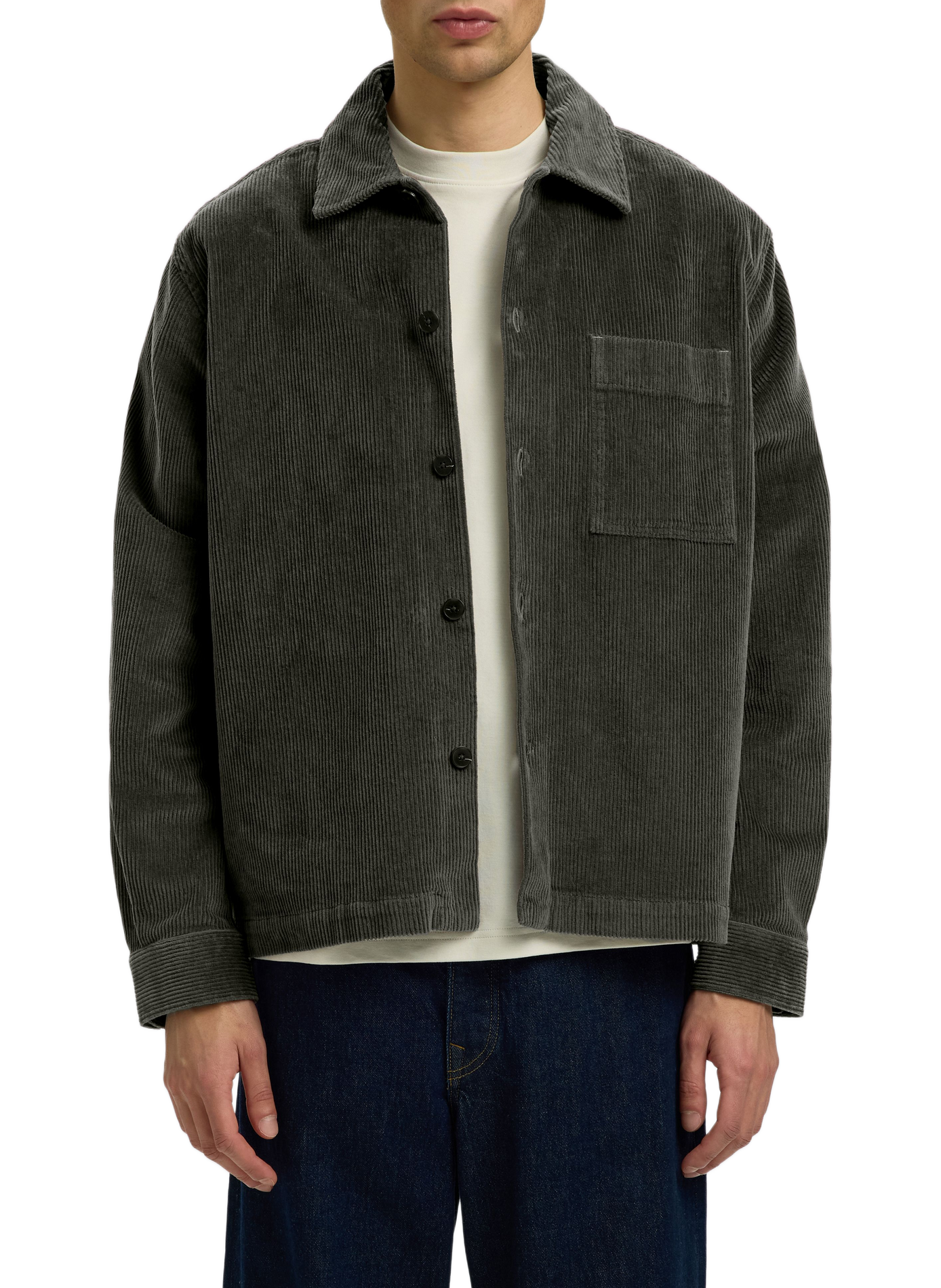 Ribbed straight fit cotton blend shirt SELECTED Green