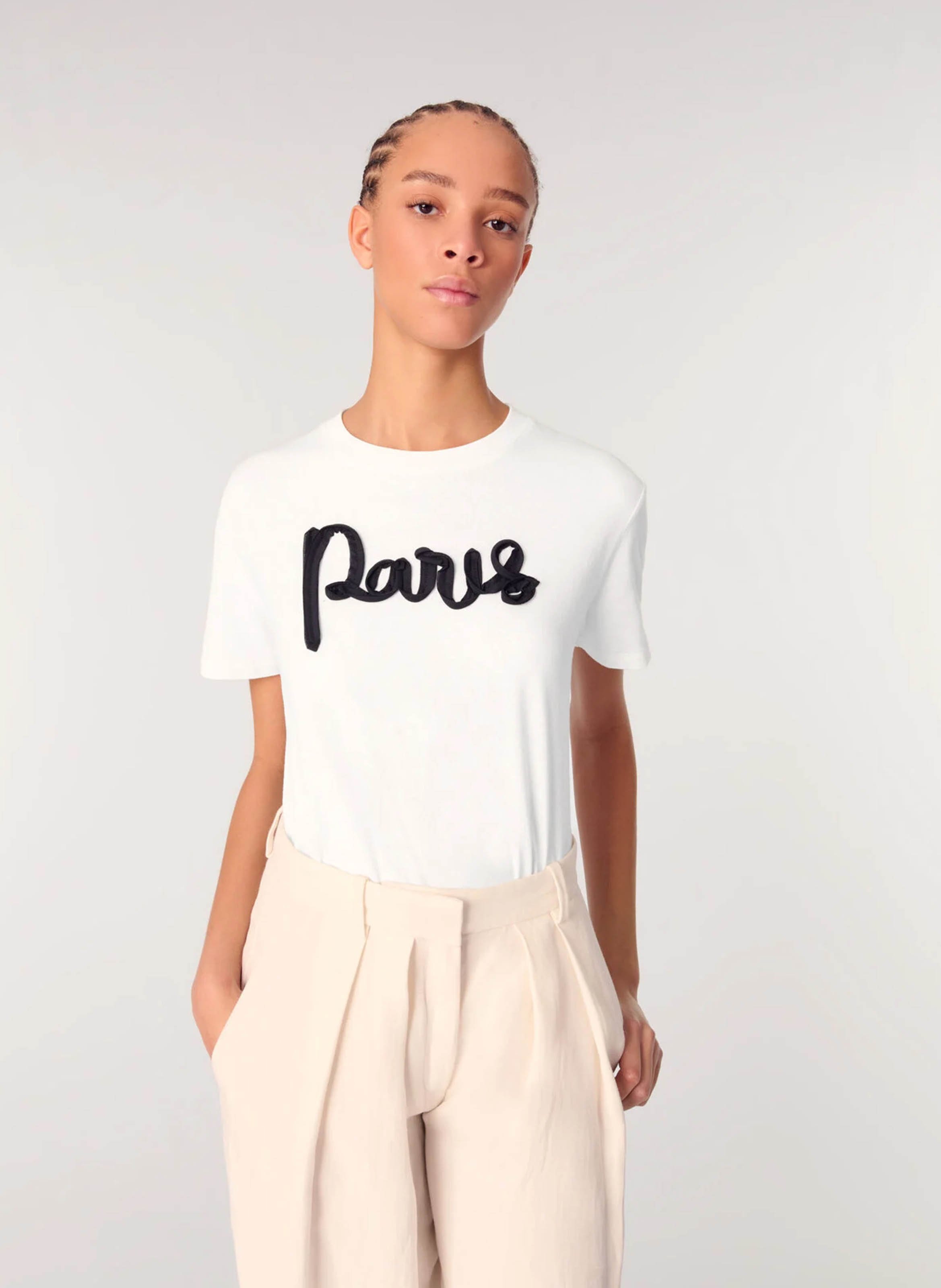 MAJE Tee-shirt droit col rond en coton mélangé sérigraphié Blanc