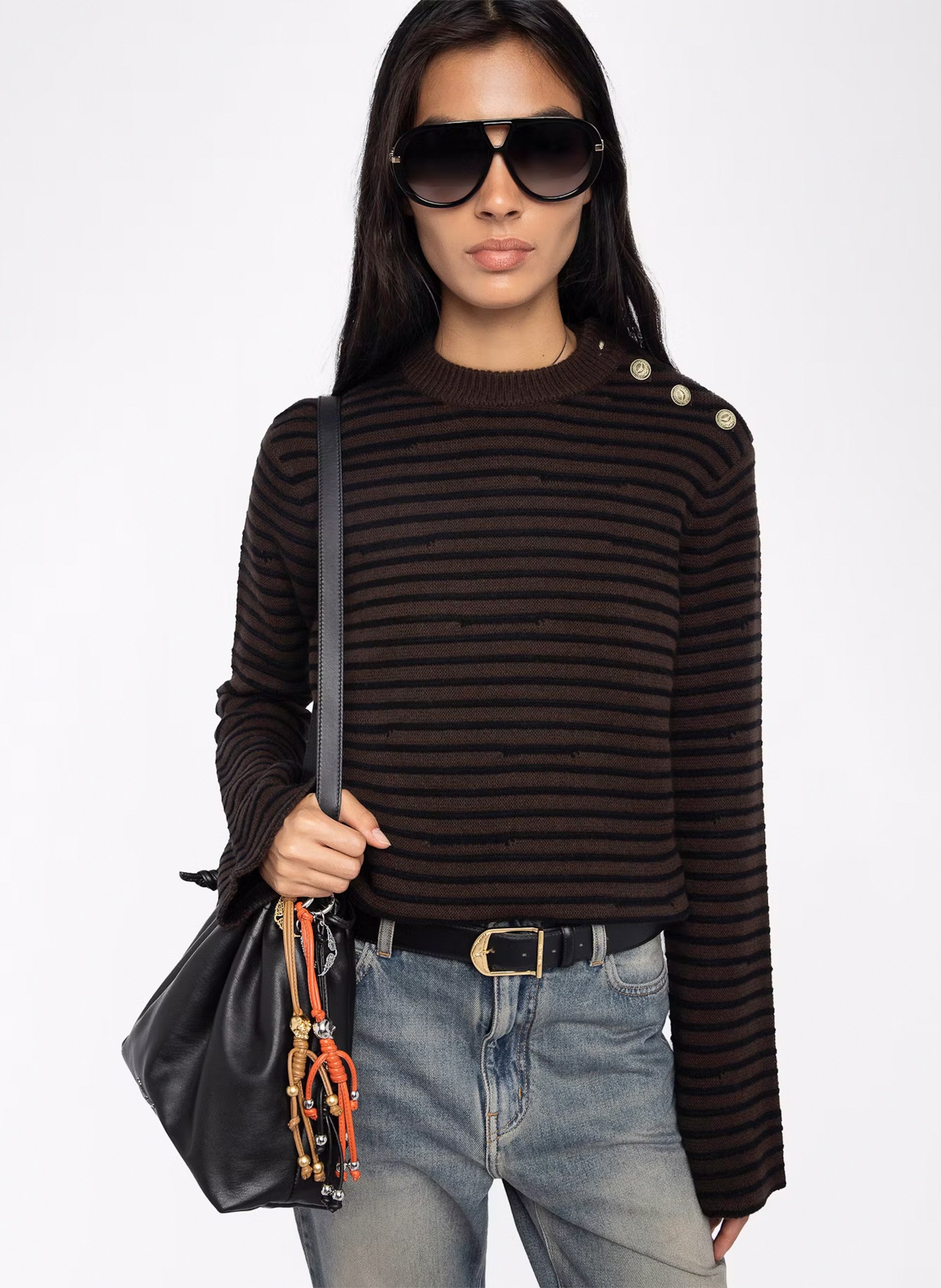 ZADIG&VOLTAIRE Pull droit rayé en laine et cachemire spiky Marron