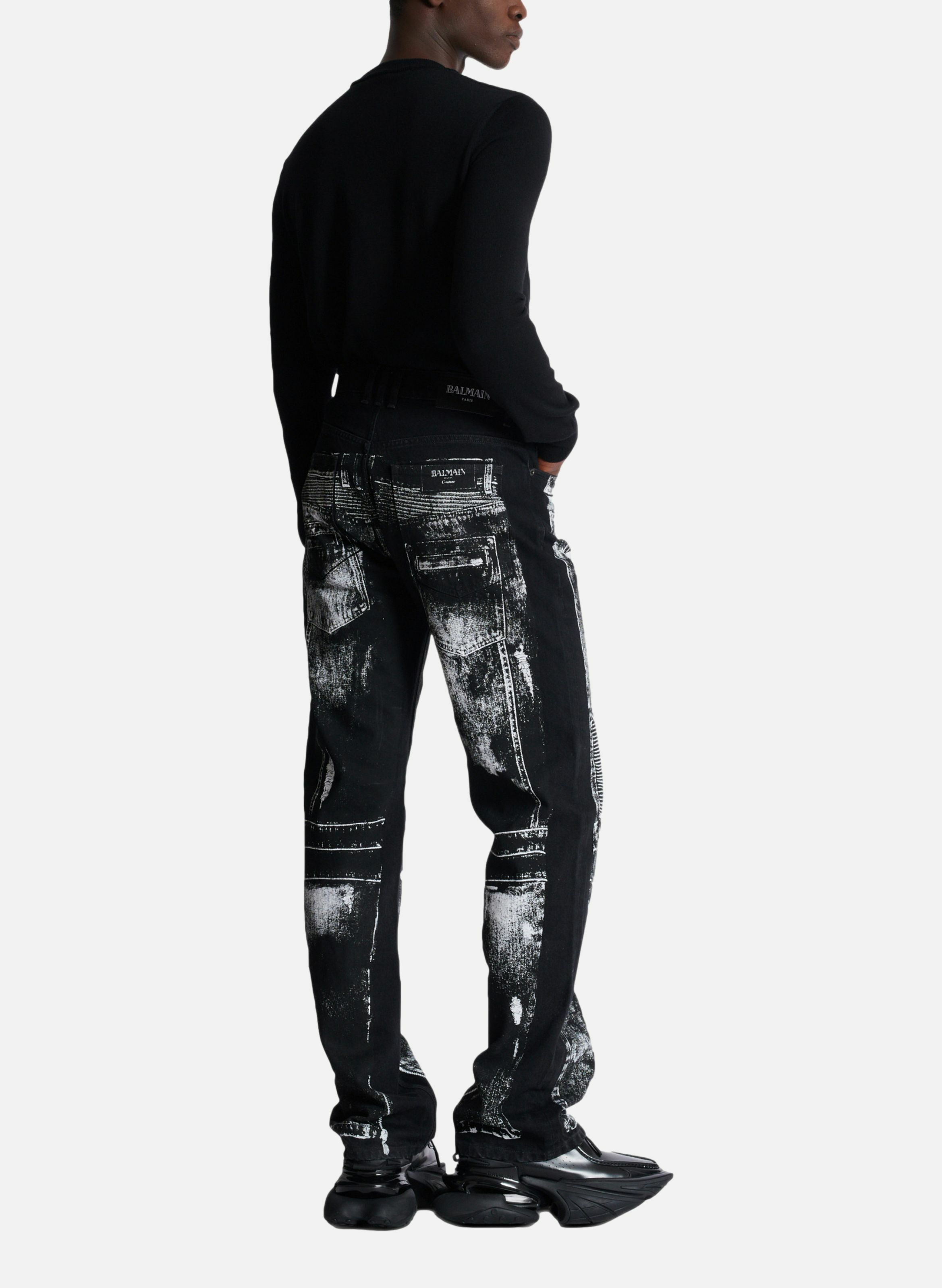 Jean loose en denim imprimé trompe-l'œil biker BALMAIN Noir