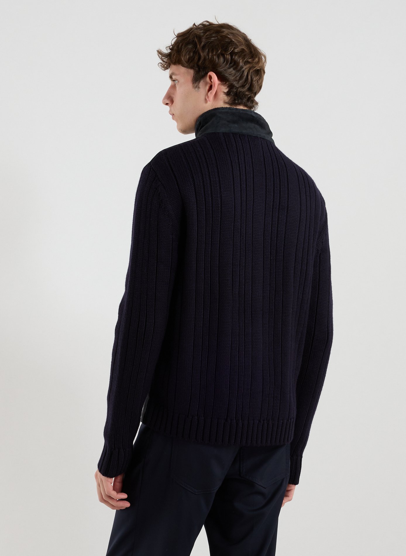 Suede bomber jacket in mixed wool and leather knit. EMPORIO ARMANI Blue