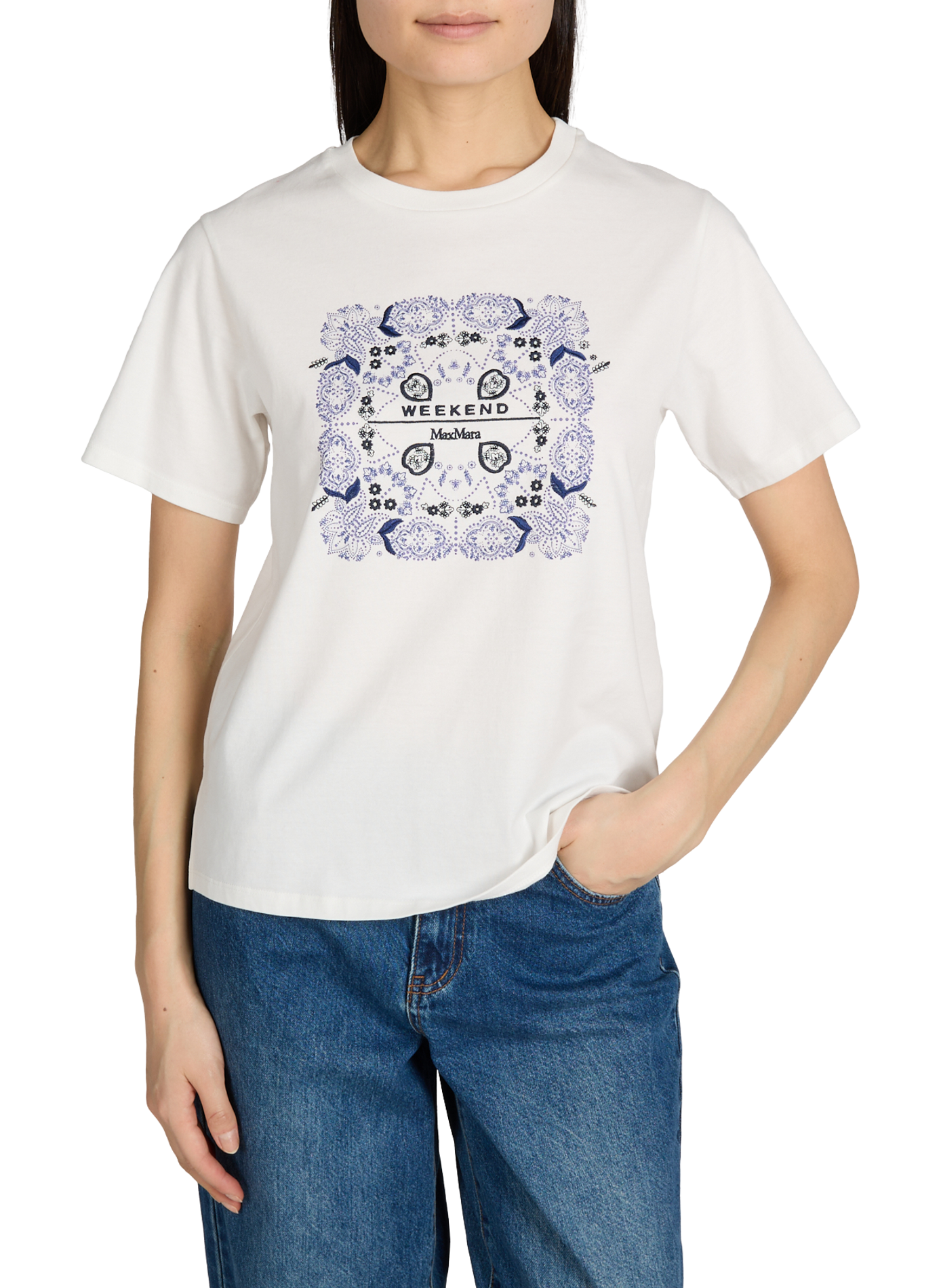 Embroidered round neck cotton T-shirt WEEK END White