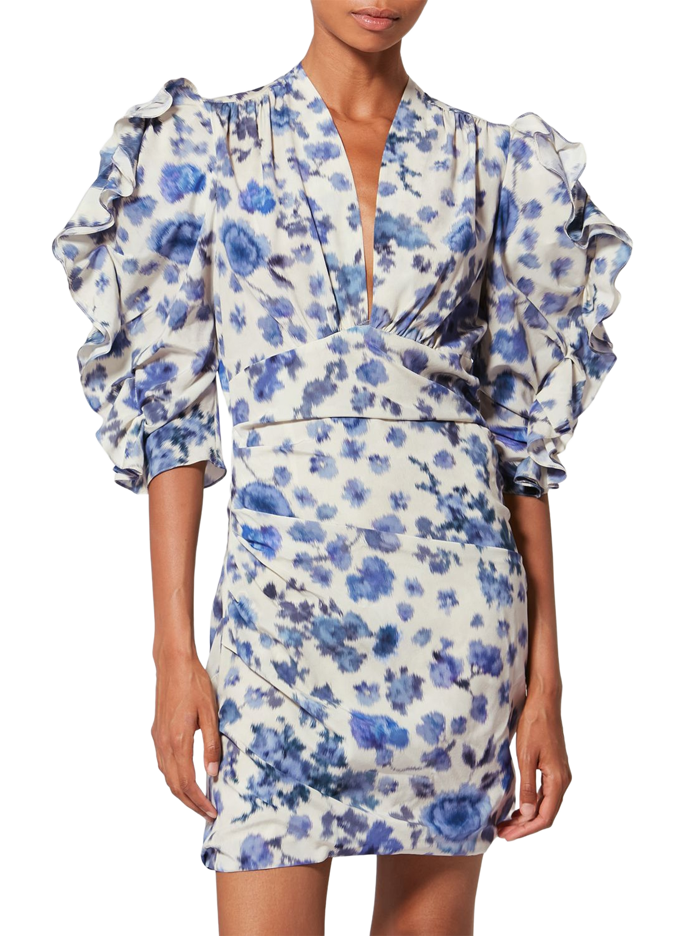 Kurzes Seidenkleid mit Stretch aus bedruckter Seide ISABEL MARANT Blau