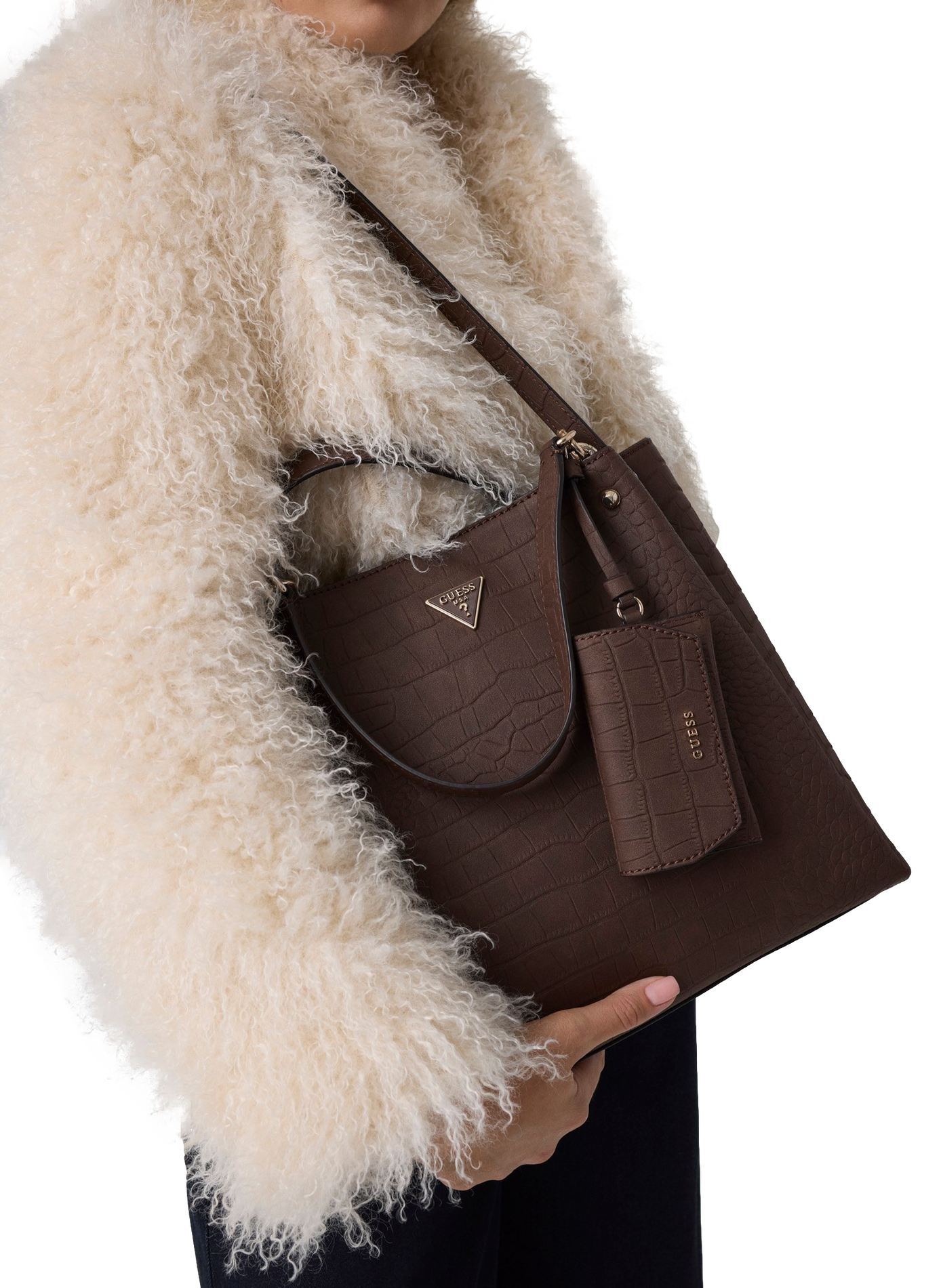 Sac à main effet croco GUESS Marron