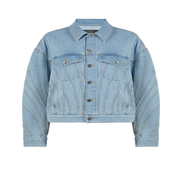 Shop Mugler Denim Jacket With Logo On The Back In Blue